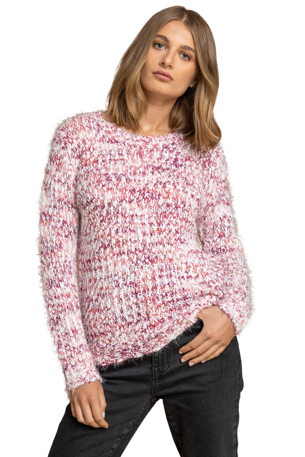 Roman Originals Women's Rose Fluffy Yarn Jumper For Uk Thick Sweater Warm Cosy Chunky Knitted Pullover Winter Furry Casual Smart Textured Everyday Cuddly Comfy Soft Knitwear - Size 16