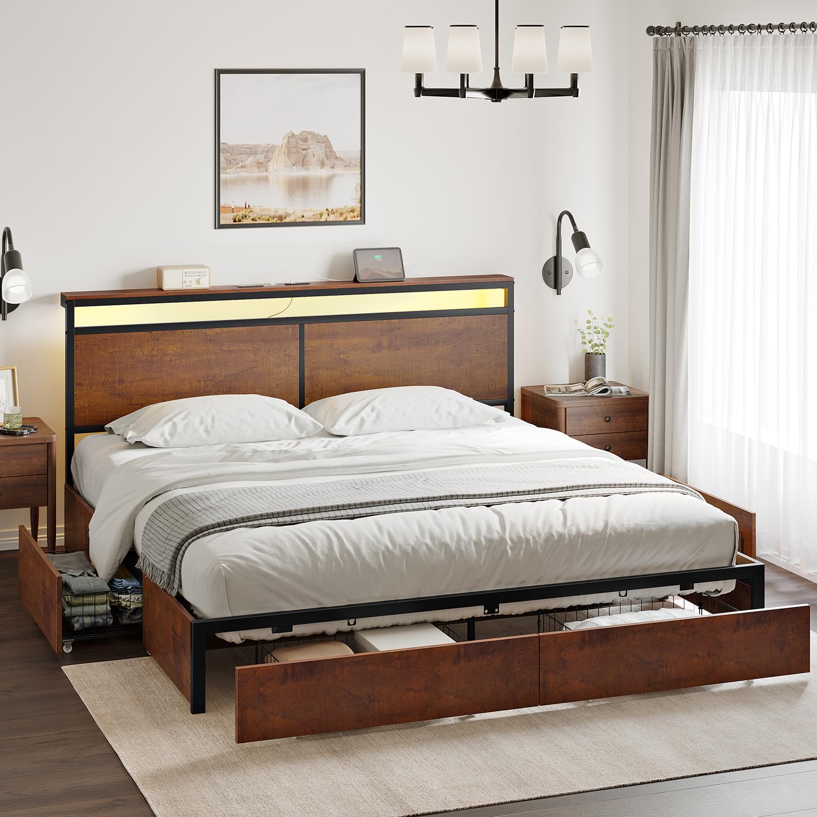 HAUSOURCE King Bed Frame with 4 Storage Drawers Metal Platform Bed Frame King Size with Headboard Charging Station