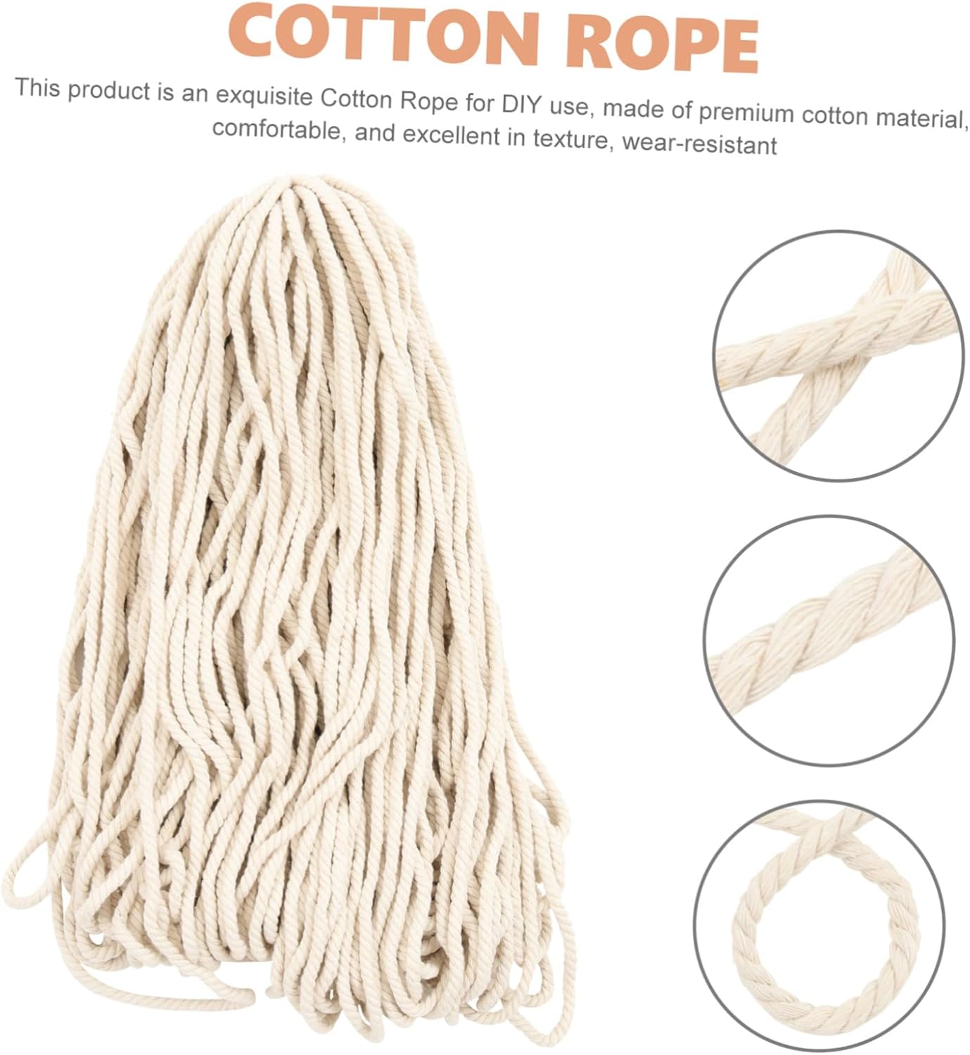 Garneck 3-Strand Natural Cotton Rope for DIY Crafts Hanging Decor and Macrame Projects Sturdy 50 Feet