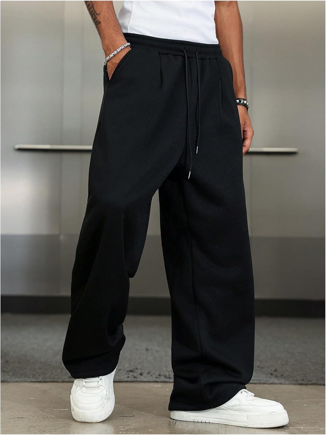 Men's Wide Leg Sweatpants Elastic Drawstring Waisted Pants Athletic Casual Pants - Image 3