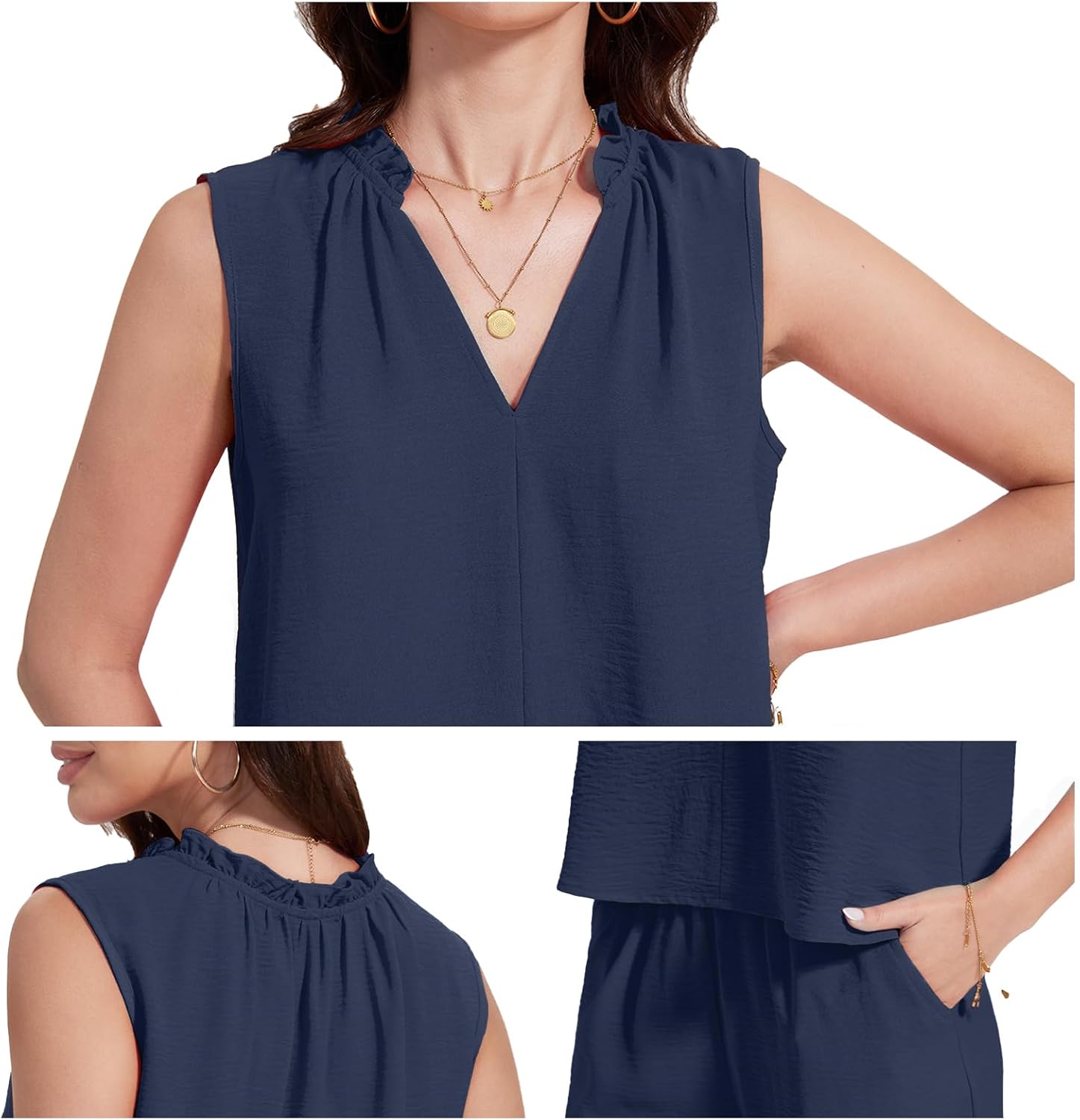 ROYLAMP 2025 Women'S Summer 2 Piece Outfits Sleeveless Ruffled V Neckline Tops High Waisted Pants Sets