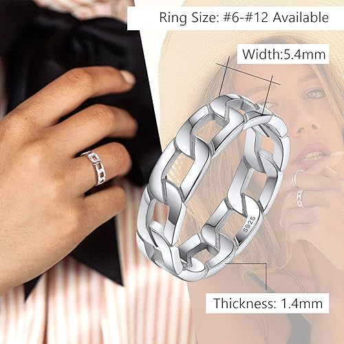 Miniatura 4 de PROSILVER Anillos de plata de ley 925, anillo de boda de 0.496 pulgadas (0.396 pulgadas), anillos triples delicados, anillo de eslabones cubanos,