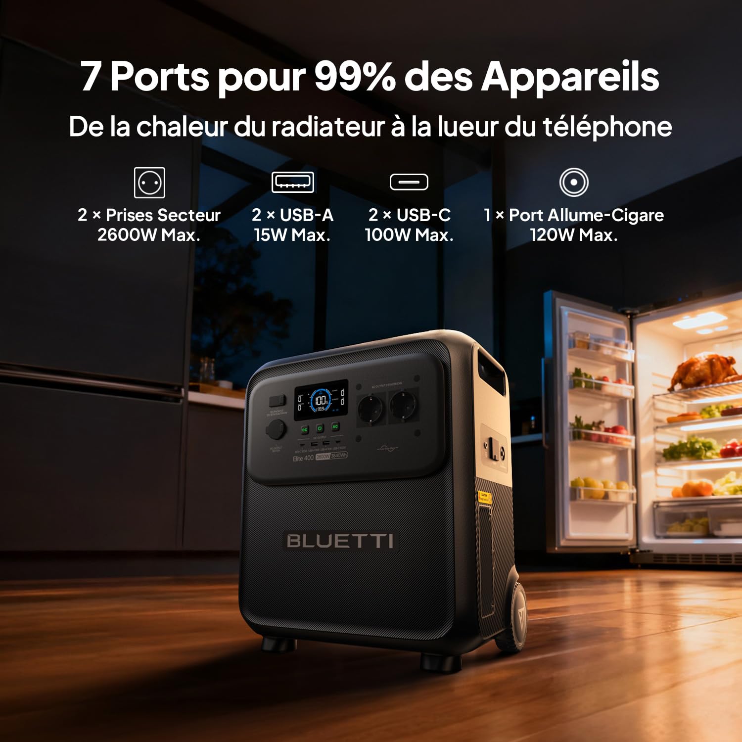 BLUETTI Elite 400 Générateur Électrique Portable, Batterie LFP 3840 Wh, Prises CA 2600 W (3900 W Avec Power Lifting), Générateur Solaire Avec Roues Pour Panne (Câble de Charge Solaire Inclus)