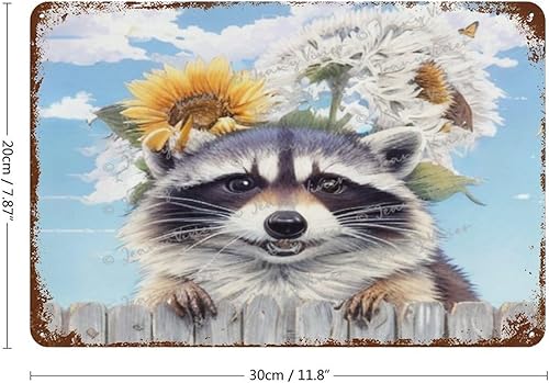 Miniatura 2 de Zomyto Cartel de metal con imágenes de mapache para pared, lindo mapache con girasol, letreros de lata novedosos para habitación de niños, póster de
