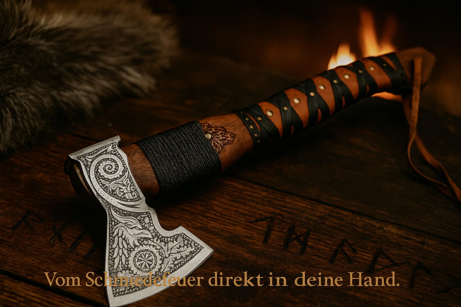 Novahaven Falkir – Hacha de lujo forjada a mano al aire libre de acero inoxidable con grabado, mango de palo de rosa y funda de cuero – Hacha de camping estilo vikingo, hacha de bushcraft, idea de