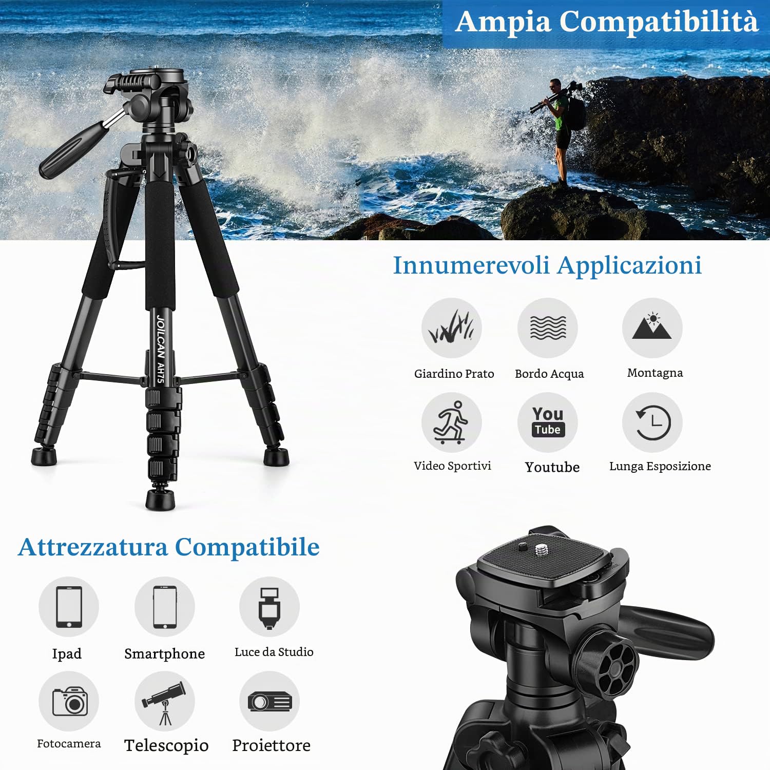 JOILCAN Treppiede per fotocamera Canon Nikon, treppiede leggero da 188 cm con testa rimovibile e supporto universale per telefono, treppiede alto in alluminio rinforzato per Vlog Live Streaming Charge
