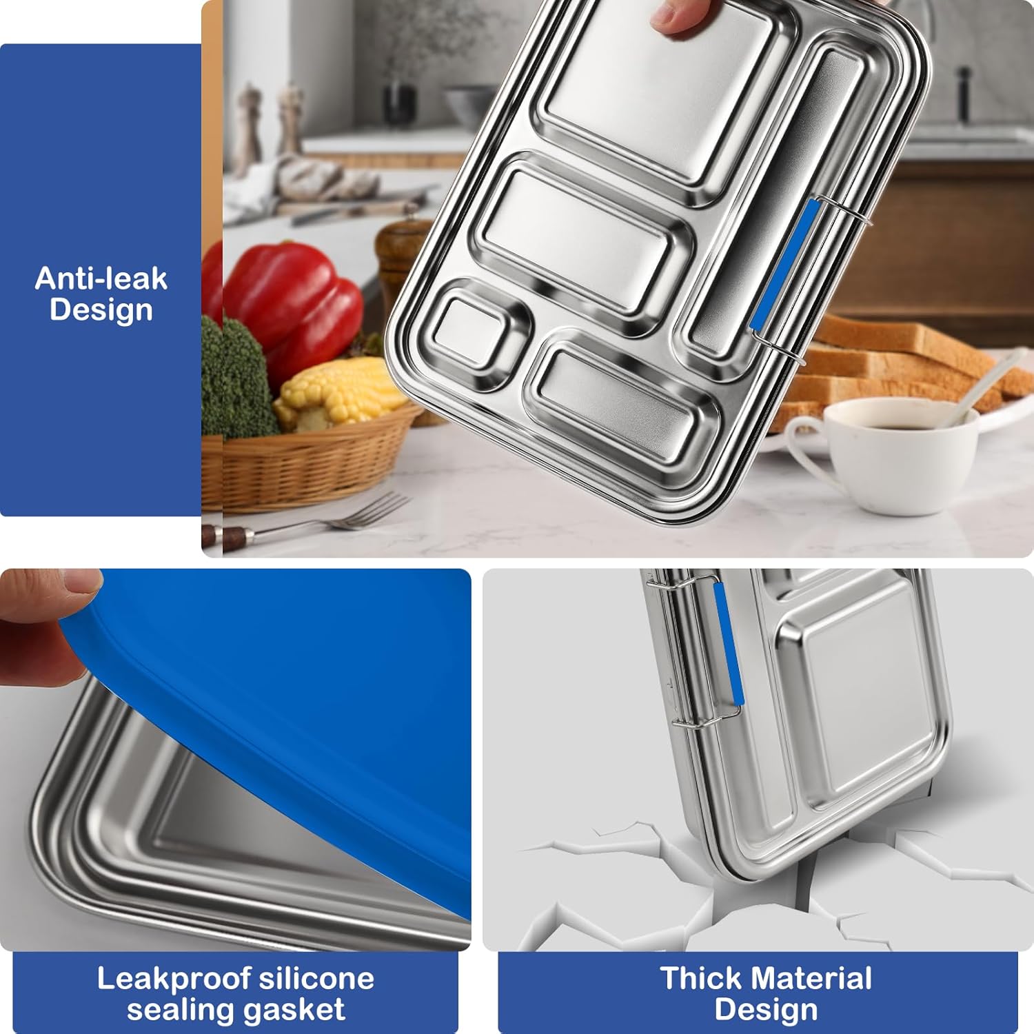 Stainless Steel Bento Box for Adults & Kids, 5-Compartment Lunch Box with 2 Sauce Containers, BPA-Free Bento Lunch Container, Dishwasher Safe, School & Work Meal Prep Lunch Container (Blue)