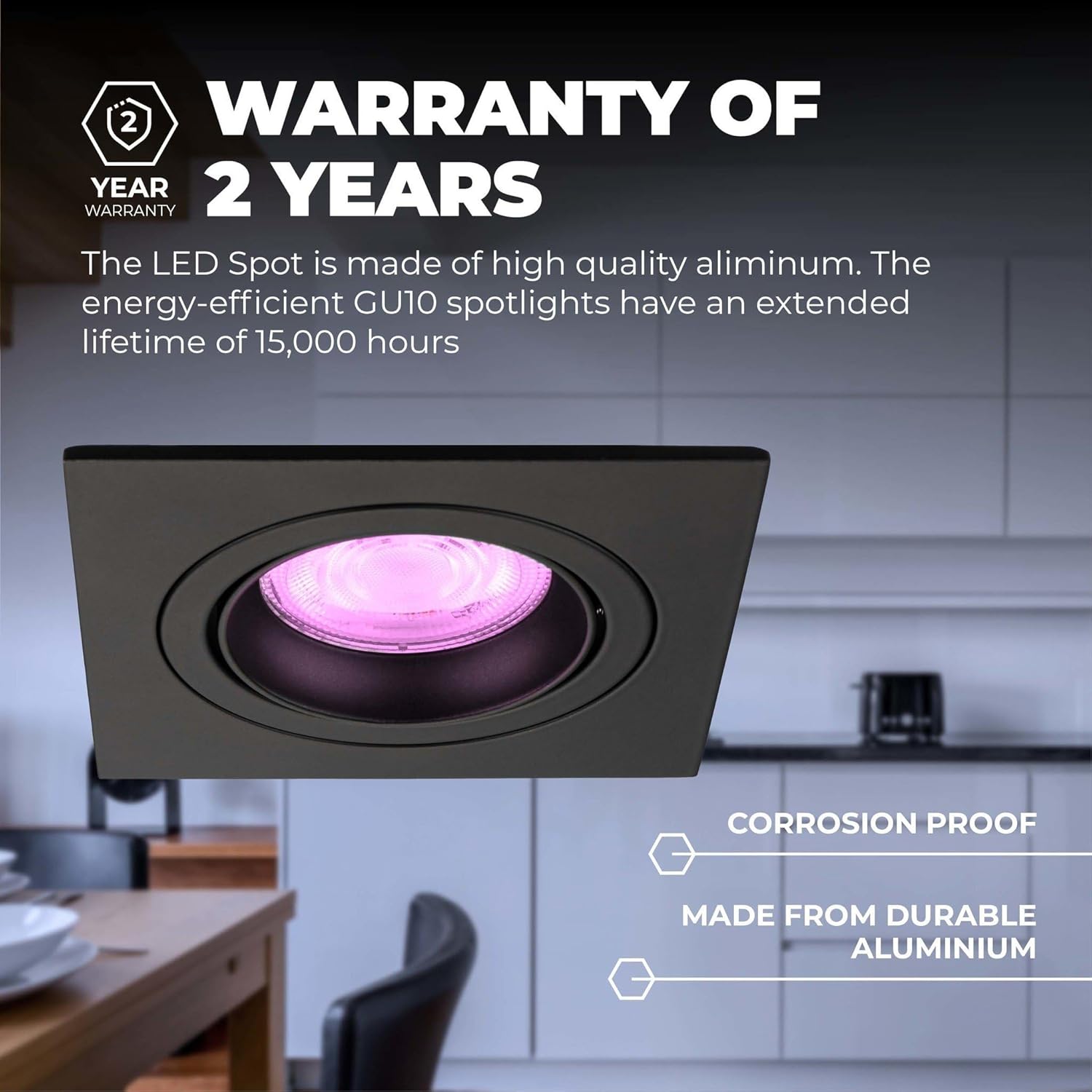 Ledvion Smart LED Downlight with a 2-year warranty badge, highlighting corrosion-proof and durable aluminum construction.