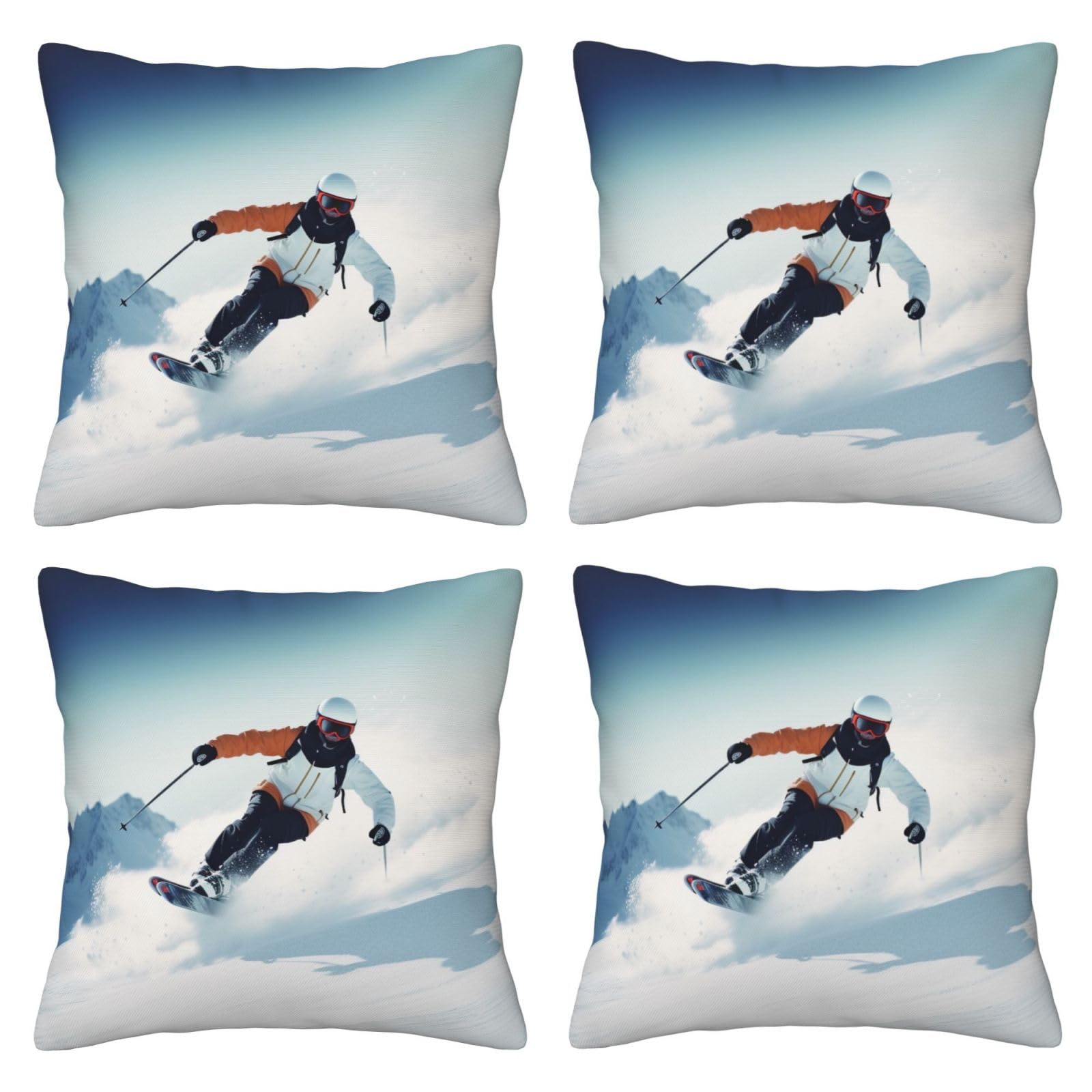 Sports Ski Throw Pillow Cases 4 Pack Square Pillowcases Super Soft Pillow Protectors With Zipper for Couch Livingroom Sofa Bed Office Car,30x30 CM
