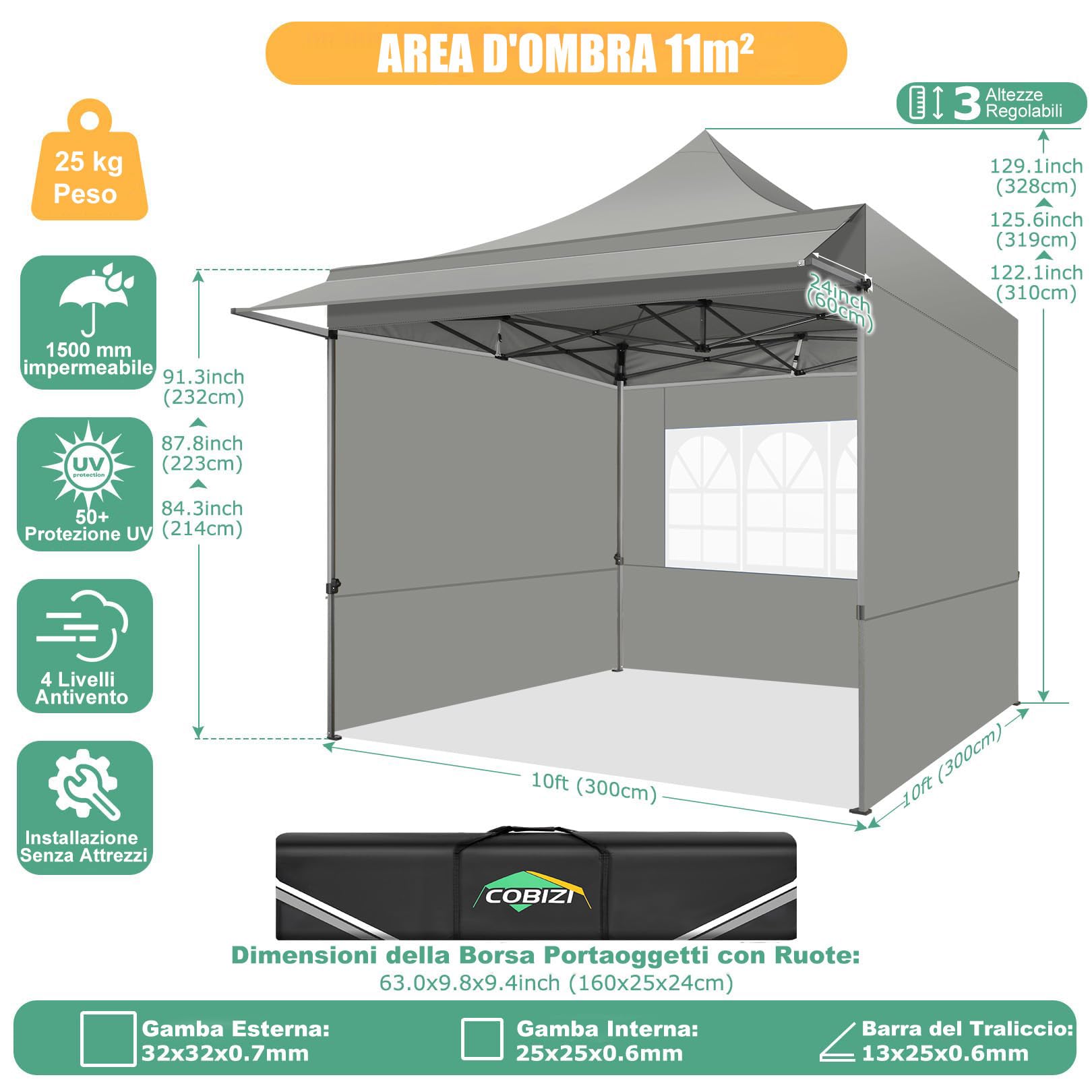COBIZI Carpa Plegable 3x3M con Toldo y Paredes Desmontables,Gris | Cenadores para Jardin 3x3 UV50+ Carpas de Camping Impermeables para Exteriores Jardin Playa Camping Fiestas