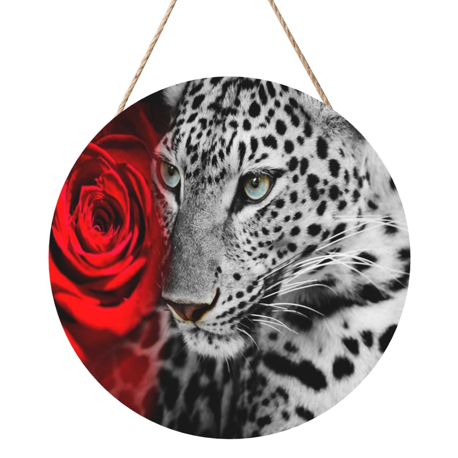 InOmak Leopard Red Rose, Round Wood Panel Painting 12 in, Wall Hanging Painting For Home