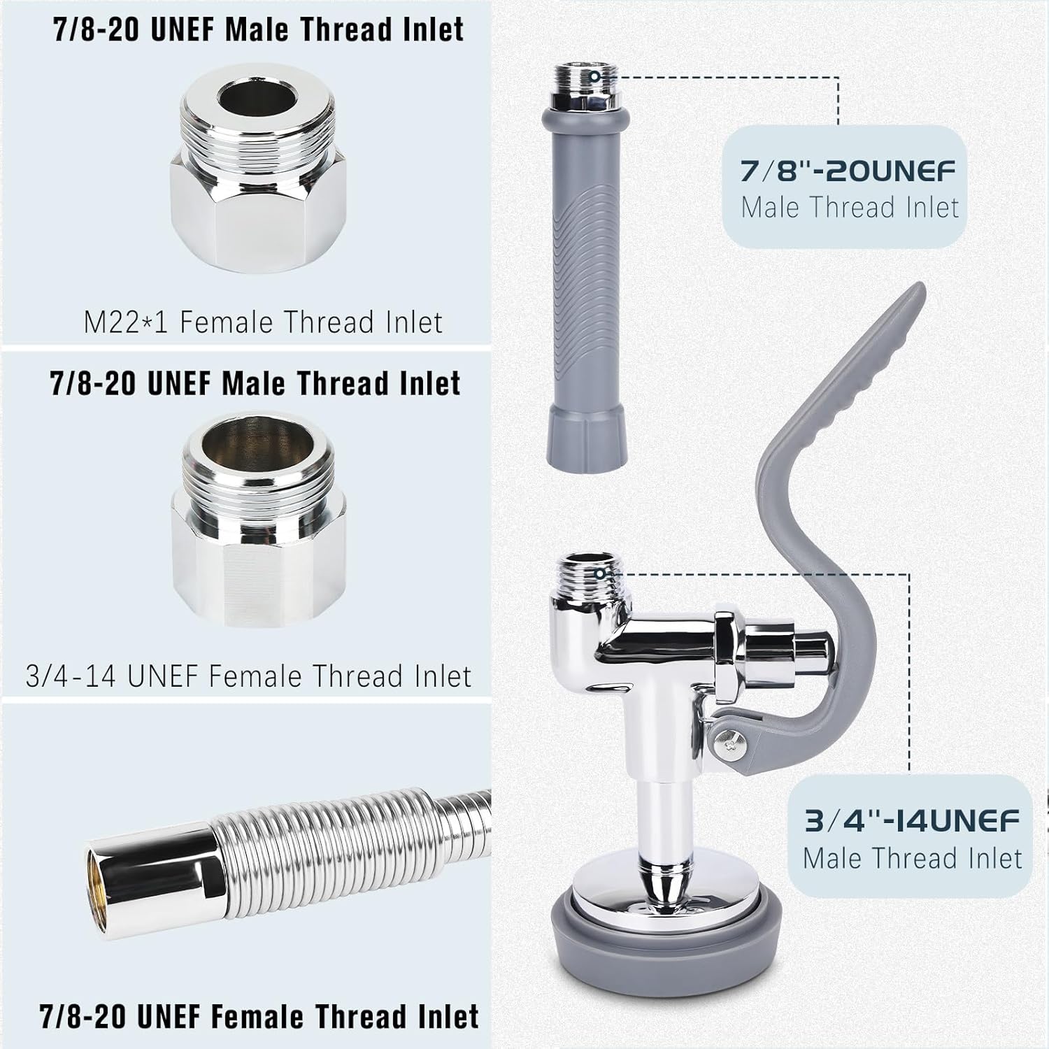 Spray Valve with 45” Commercial Sink Sprayer Hose and Pre Rinse Spring, Pre Rinse Sprayer with Flexible Stainless Steel Hose & Spring Assembly for Commercial Kitchen Faucets (Grey)