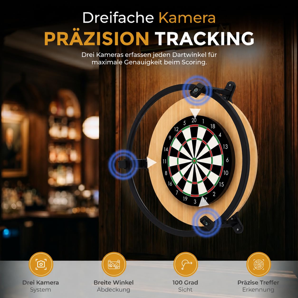 König Design Autodarts Komplettset mit 3x OV9732 100° Kameras & 6000K LED Ring – Automatisches Dart Zählsystem für Steel Darts