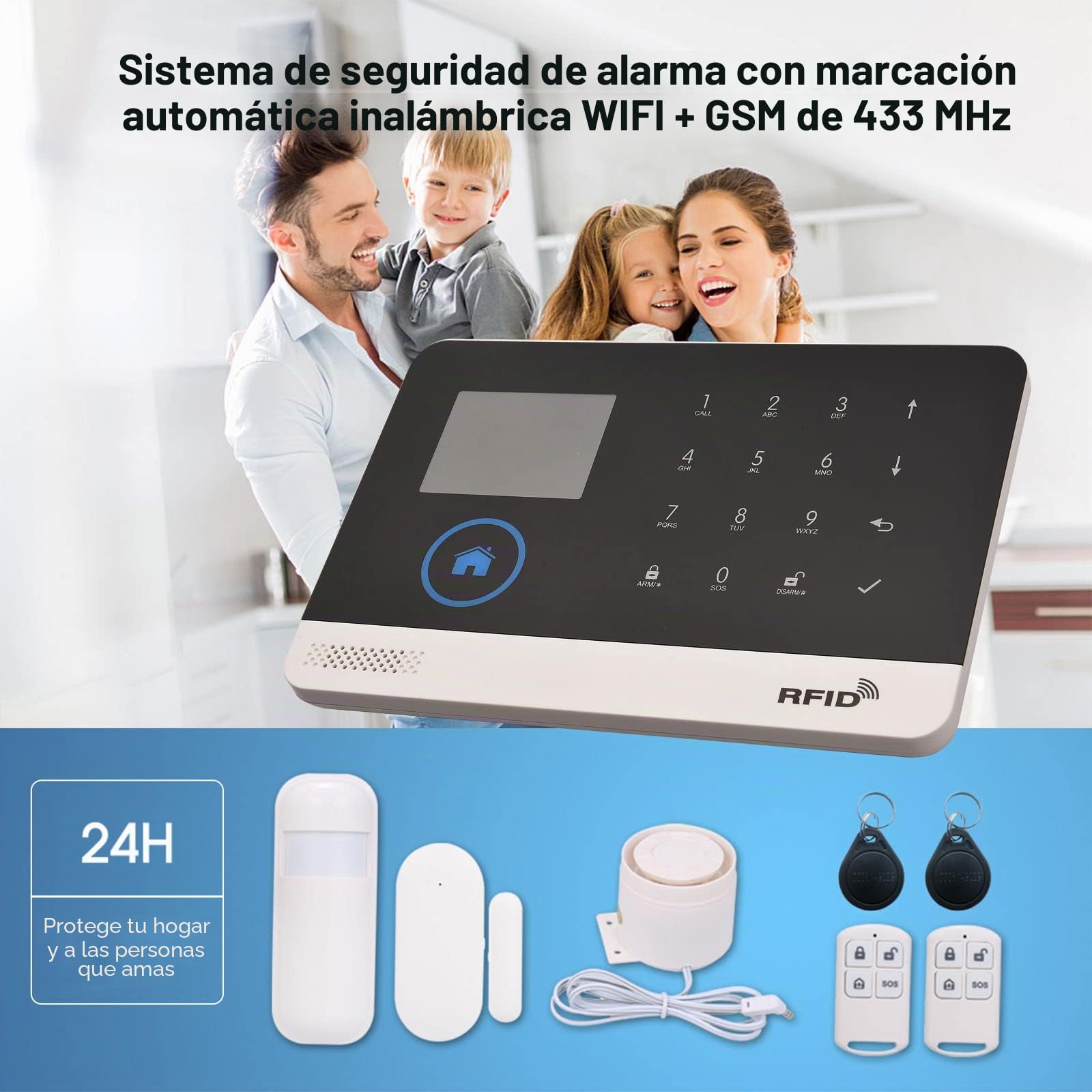 Sistema de Alarma Domestica Inalámbrica 433MHz WiFi + gsm,Pantalla LCD Sensor de Puerta Sensor de Movimiento PIR Compatible con Alexa Google Home