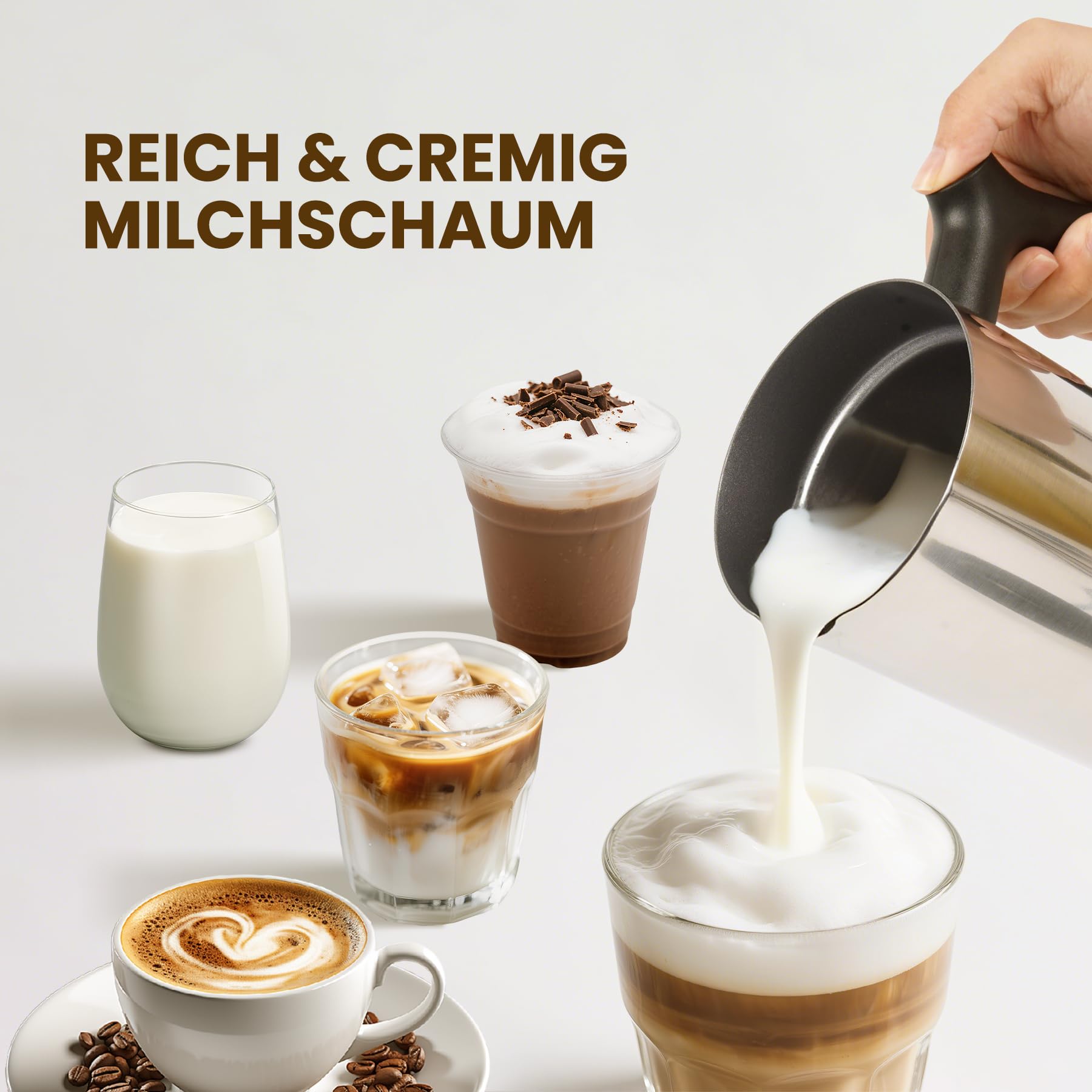 4 in 1 Milchaufschäumer Elektrisch, Automatische Heiß und Kaltaufschäumer mit Tastensteuerung, Milchwärmer aus Edelstahl, Elektrischer Milchaufschäumer für Kaffee Latte, Cappuccino
