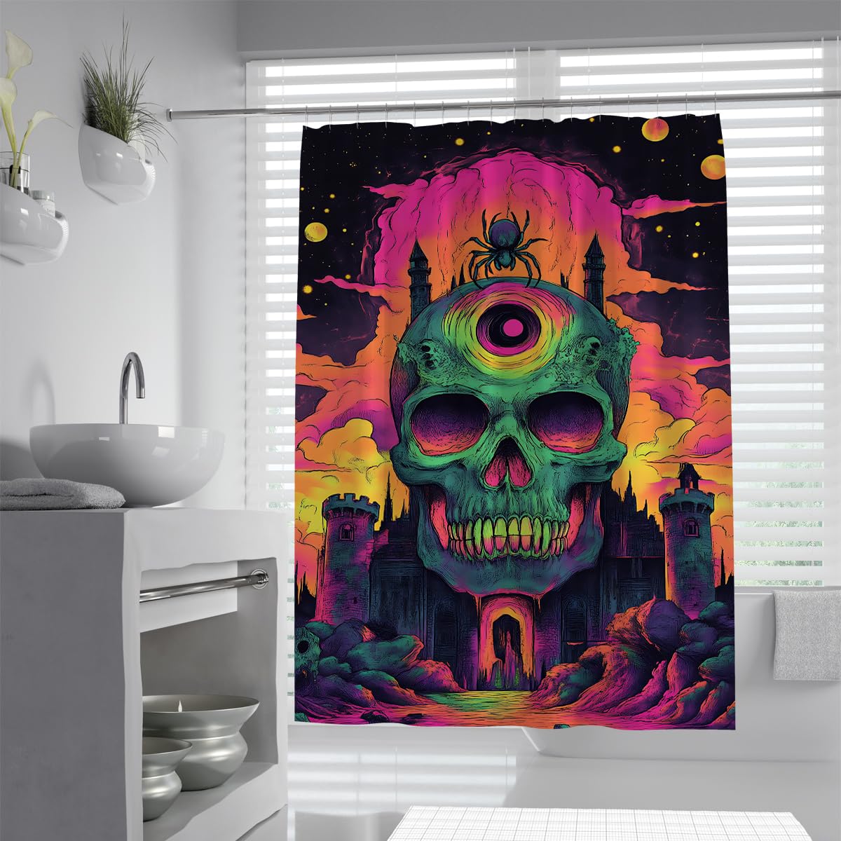 UIRINGART Gothic Skull Bathroom Curtain W120xL180cm Colorful Abstract Eye Castle Anti Mould Mildew Resistant Waterproof Fabric Shower Curtains with Hooks for Bathtub