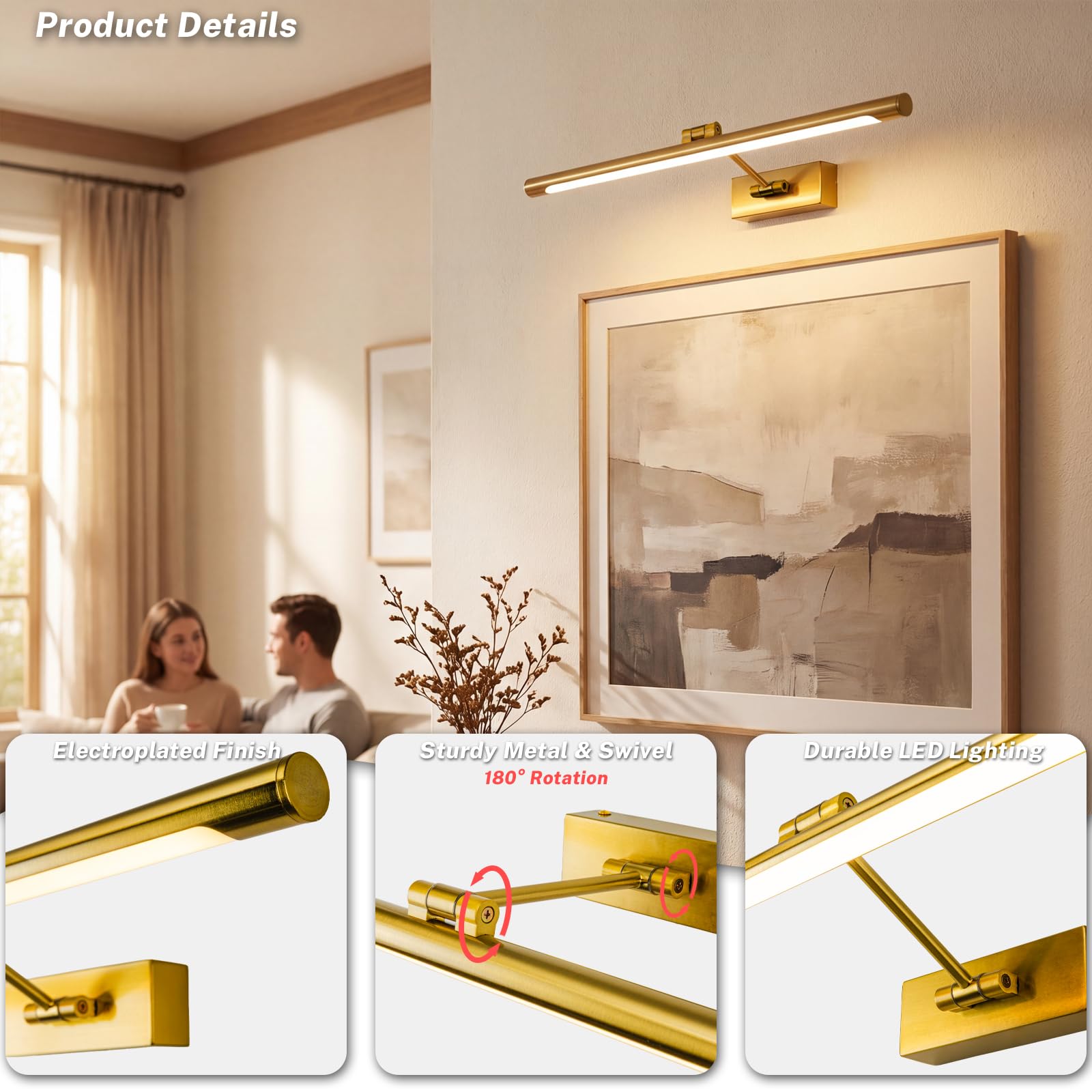 Lampada a LED per specchio da bagno, 3 temperature di colore, applique da parete sopra lo specchio, 60cm, 12 W, IP44, 650 lumen, oro, illuminazione moderna per specchio, lampada da parete per specchio