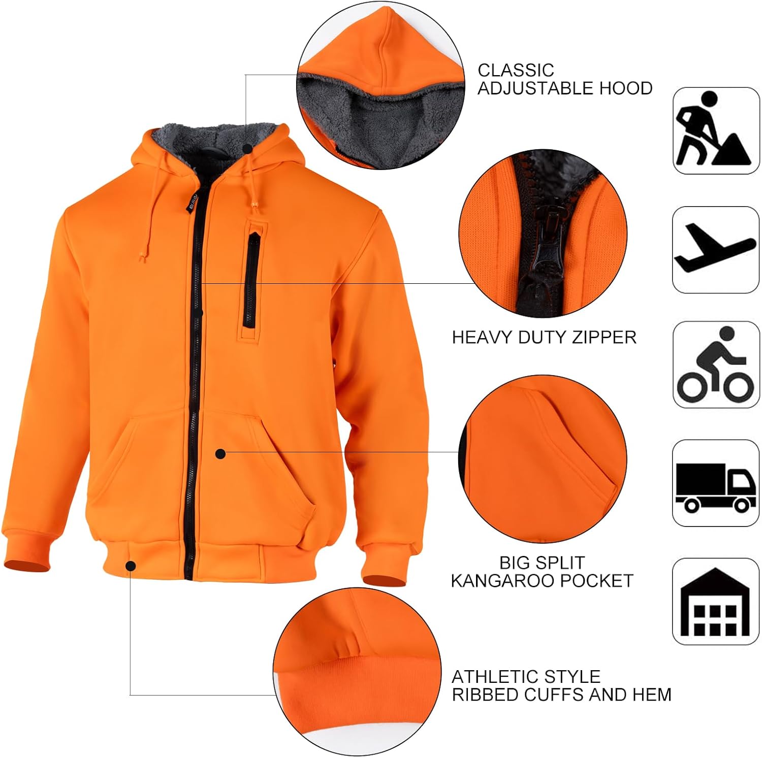 FONIRRA Hi Vis Hoodie for Men Sherpa Fleece Lined Work Sweaters High Visibility Safety Construction Jacket with Zipper - Image 6