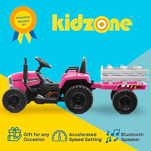 Miniatura 2 de Kidzone Tractor eléctrico alimentado por batería para niños con remolque para montar en el suelo con 2 velocidades luces LED USB y Bluetooth Audio