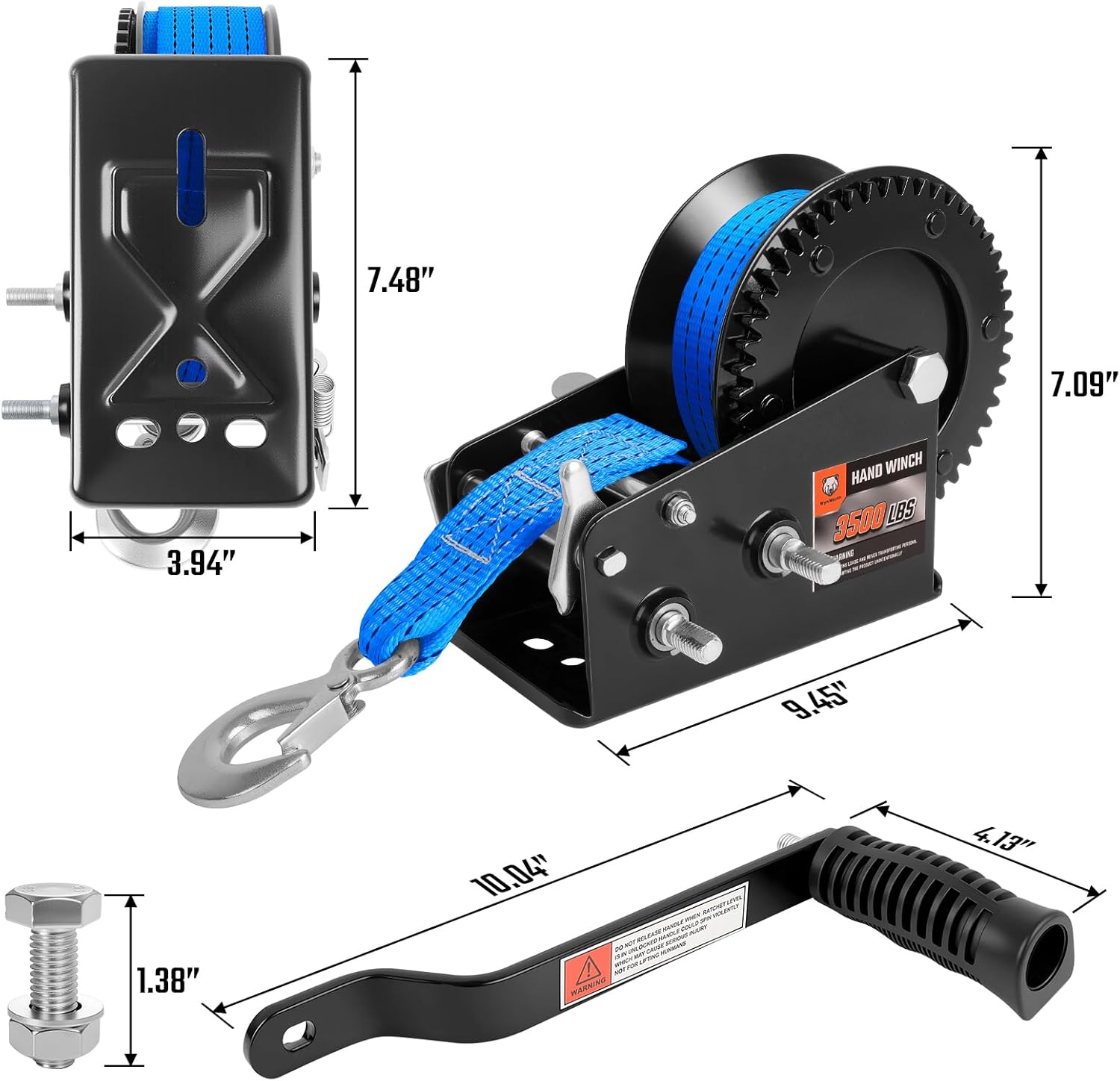 3500lbs Boat Trailer Winch, Heavy Duty Hand Winch with 33FT Strap, 2-Way Ratchet with 4:1/8:1 Gear Ratio, Comfortable Handle for Boat, Truck, Trailer, RV, ATV, Jet Ski- Blue