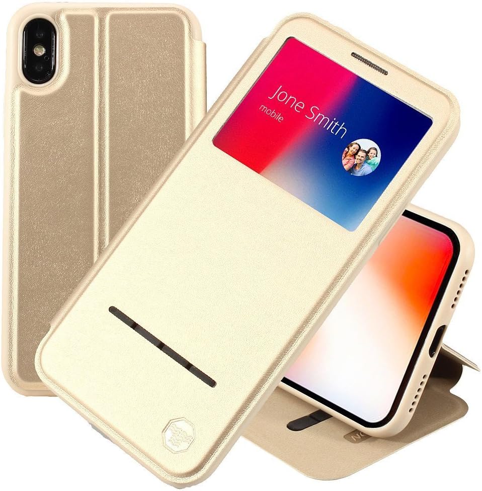 NOUSKE iPhone X/iPhone 10 5.8 Inch Smart Sensor Touch View Window Flip Case Cover, Embedded Magnetic Closure Secure Lock and Stand Feature, TPU bumper shell cradle, Sufficient 360 protection, Gold