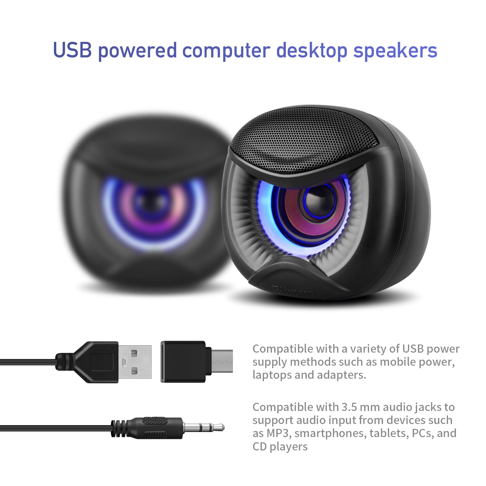 Elimavi Mini altoparlanti per computer alimentati tramite USB con illuminazione RGB blu 2.0, jack per cuffie stereo Plug and Play, compatibili con desktop, laptop (adattatore USB-C incluso)