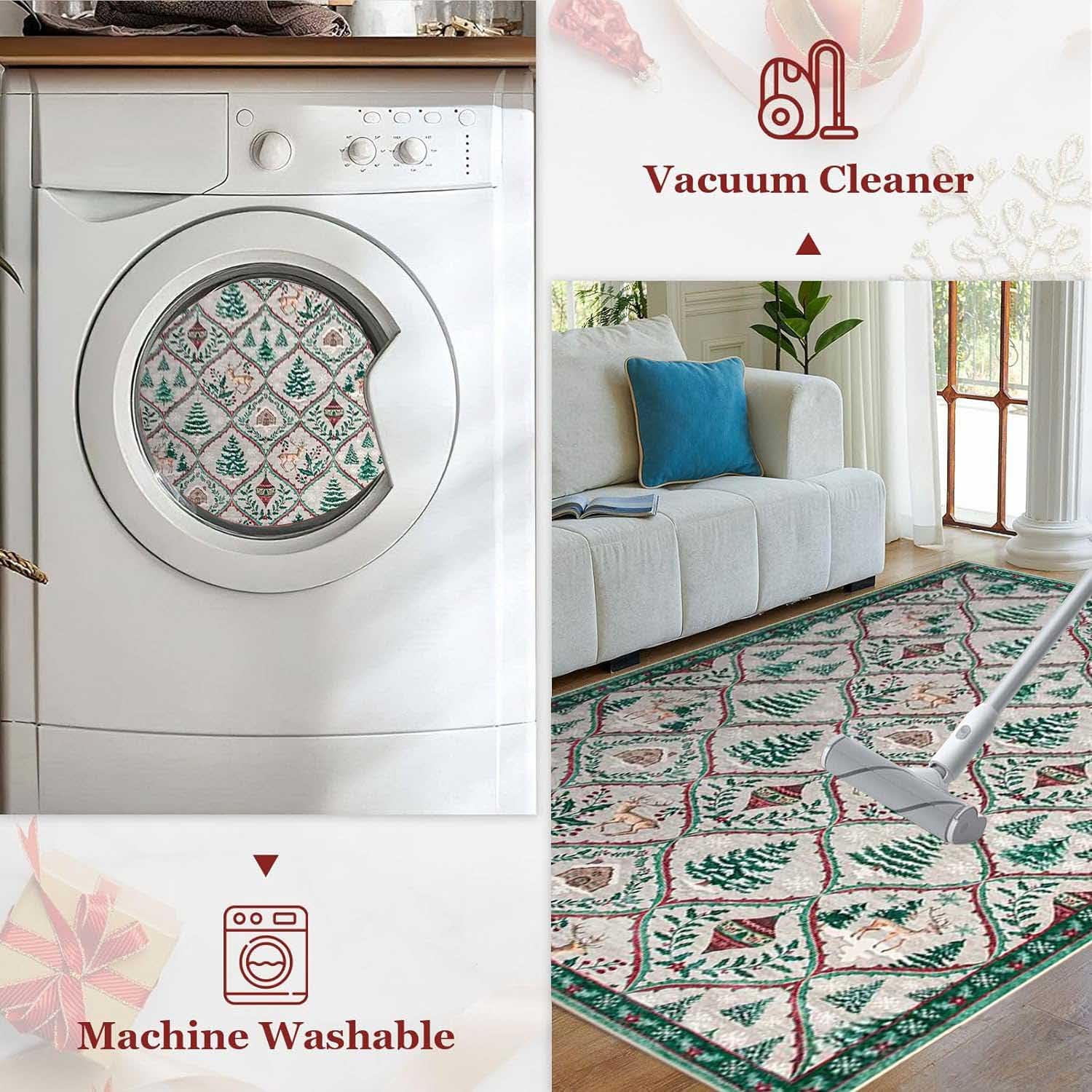 Alfombra Beige Salon Navideña,Alfombra Antideslizante Cocina de Navidad,con Diseño de Campana,Árbol de Navidad y Alce,Grande Alfombras Lavables para Dormitorio Comedor Entrada,B,80x120cm
