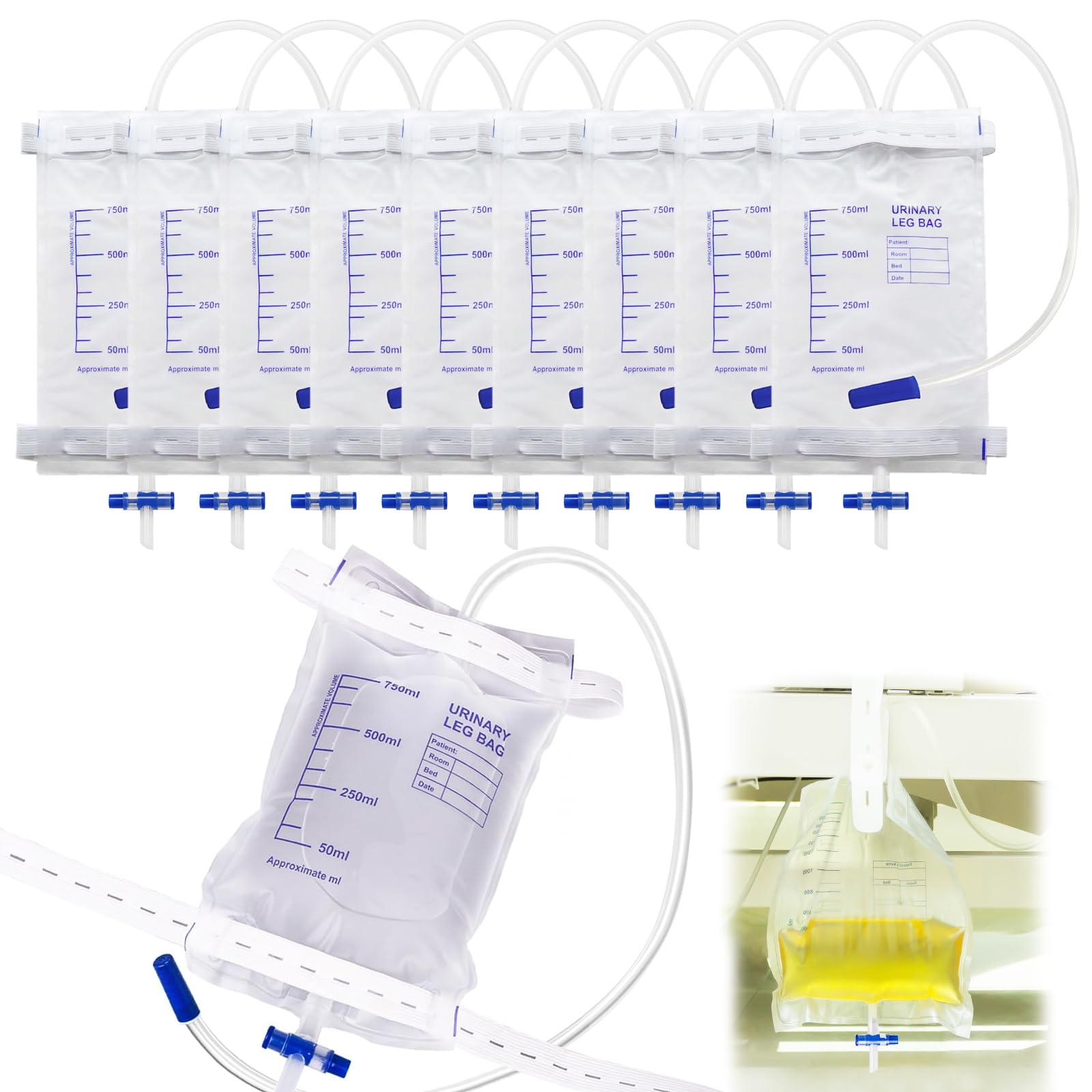 10pcs Bolsa de Orina de 750ml, Bolsas de Drenaje Orina con Película Antirreflujo, Bolsa de Recogida de Orina Bolsa de Drenaje con Válvula, Drenaje y Correas de Tela