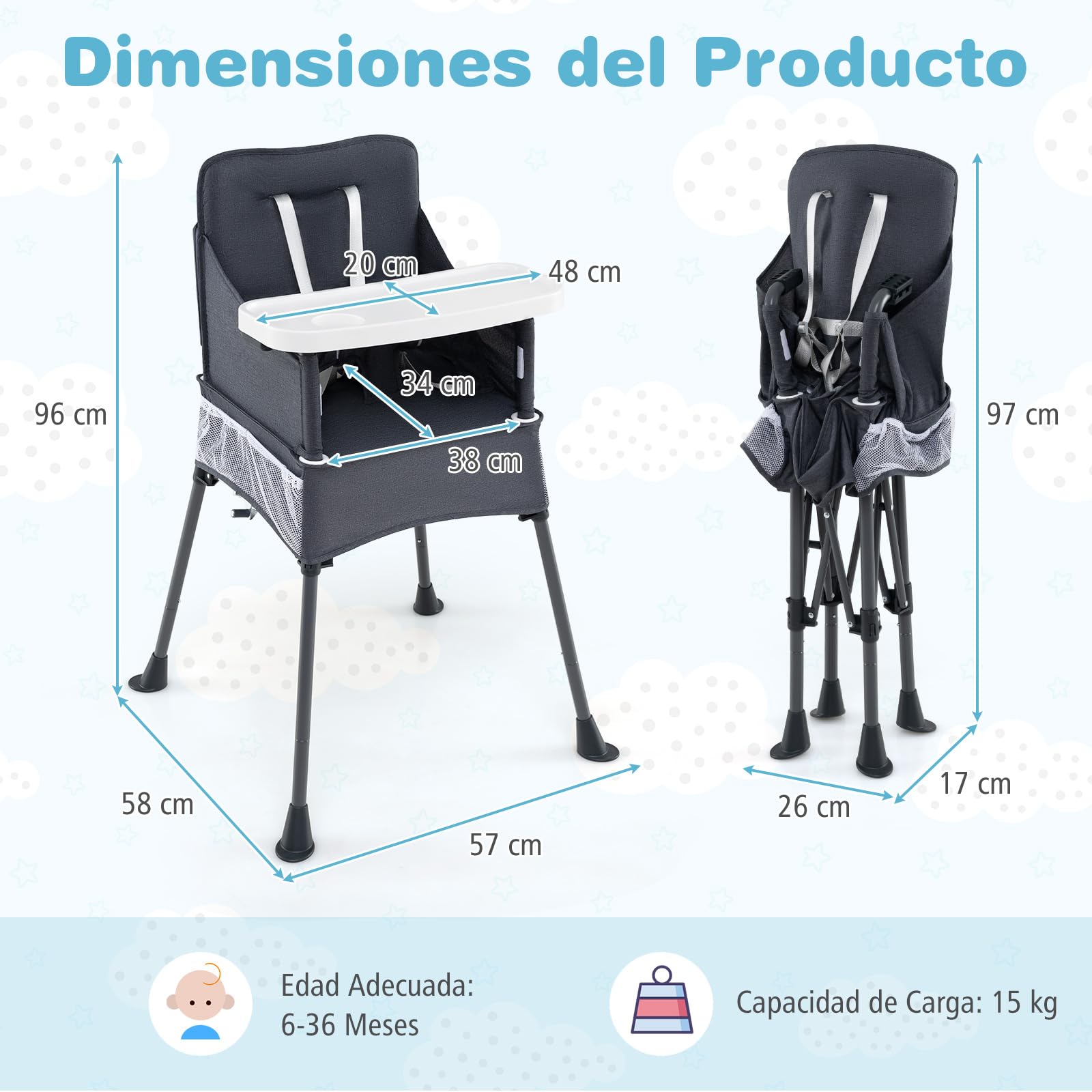 COSTWAY Trona de Bebe Portátil, Silla Plegable para Bebé con Bandeja Ajustable en 2 Niveles, Cinturón de Seguridad y Aberturas Ajustables para las Patas, Bolsillos de Malla, Trona Plegable