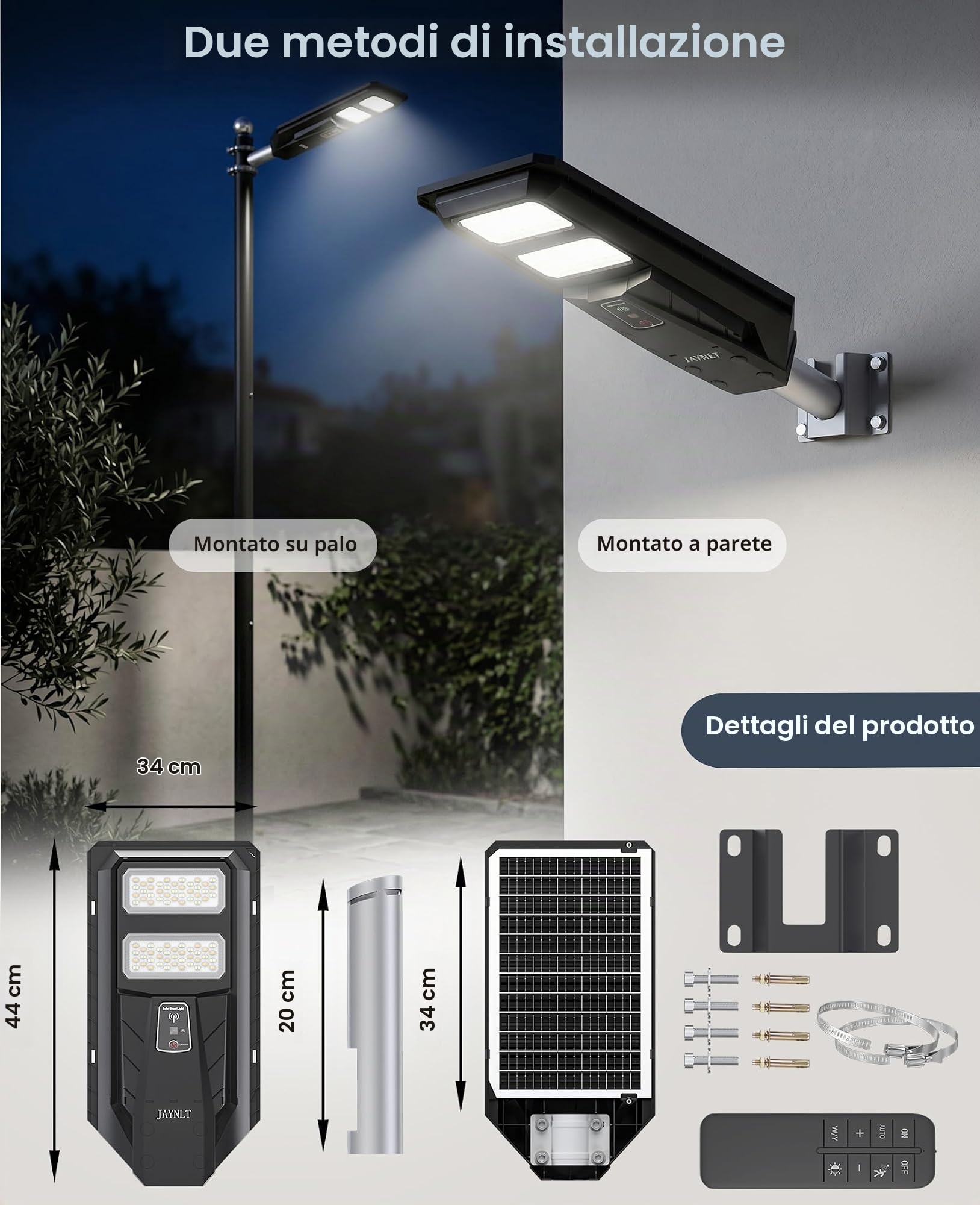 JAYNLT Lampione Solare LED Esterno, 3000K/4000K/6500K Faretto Led da Esterno con Sensore di Movimento, IP67 Impermeabile Faro Solare per Giardino Cortile Garage (2 Pezzi)