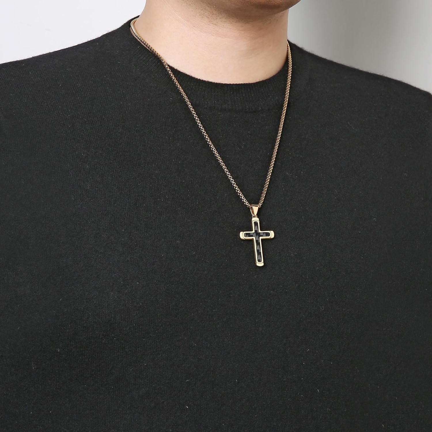 HZMAN Carbon Fiber Cross Necklace for Men Stainless Steel Christian Crucifix Pendant Includes Necklace 22+2" Box Chain - Image 2