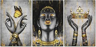 Welmeco African American Cavnas Wall Art Elegant Black Woman with Gold Necklace Crown Butterfly Painting Fashion Charming Woman Poster Picture Framed and Stretched for Girl Gift Bedroom Living Room