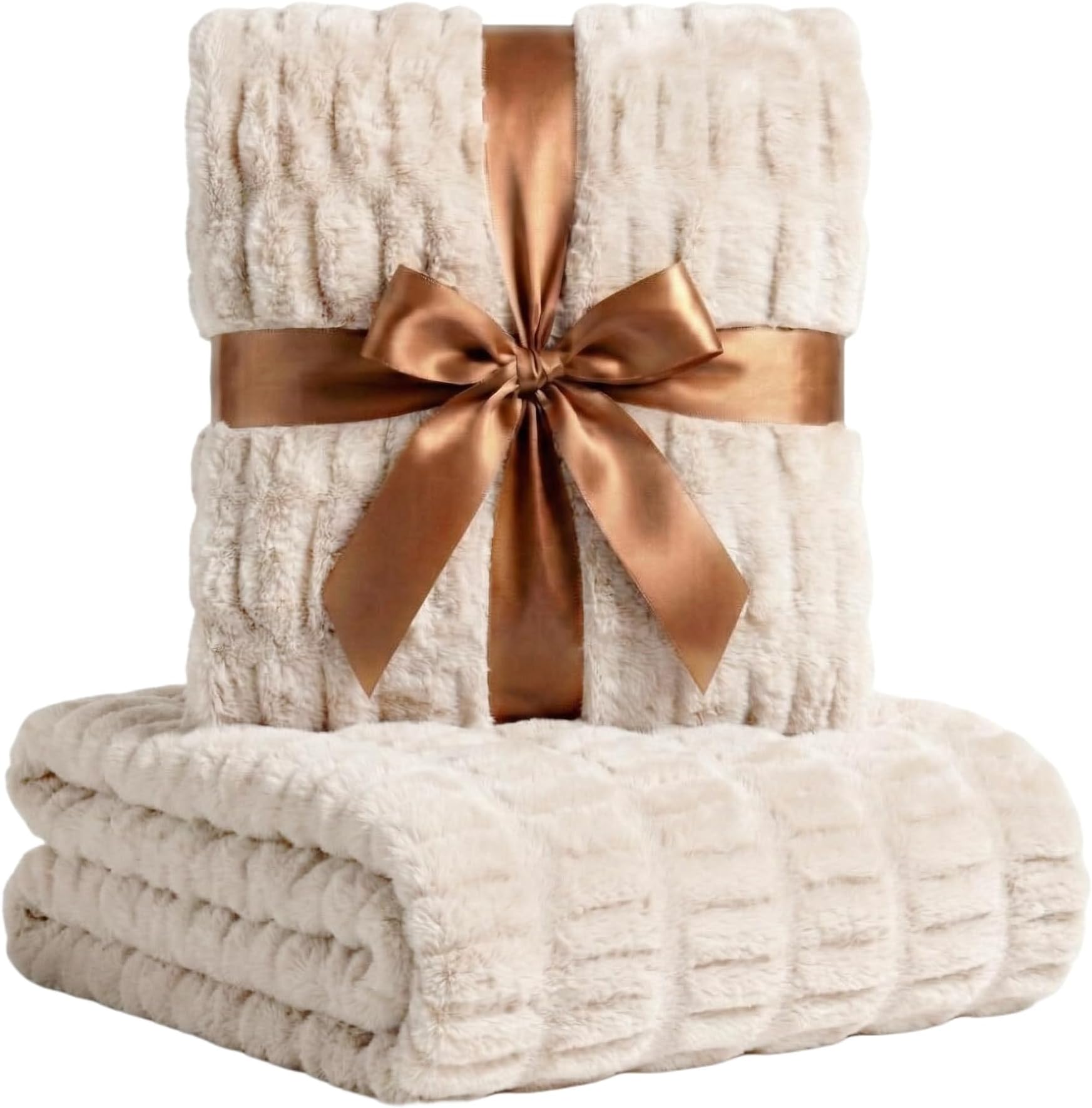Soft Faux Rabbit Fur Throw Blanket - 50" x 60", Elegant Ruched Design Blanket, Machine Washable and Wrinkle Resistant, Lightweight Beige Throw Blanket for Couch, Sofa and Bed