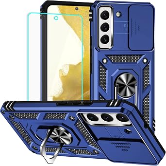 حافظة HNHYGETE لهاتف Galaxy S22 مع واقي شاشة [درجة عسكرية 20 قدمًا. Drop Tested] غطاء كاميرا منزلق حلقة حافظة هاتف واقية مقاومة للصدمات لهاتف Samsung Galaxy S22 باللون الأزرق