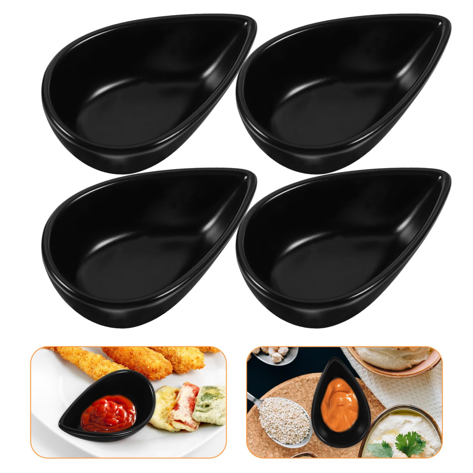 HOLIDYOYO Ceramic Dipping Bowls 4pcs Teardrop Decorative Sauce Dish French Fries Holder Appetizer Serving Cup Black Ramekins for Sushi Ketchup Condiment