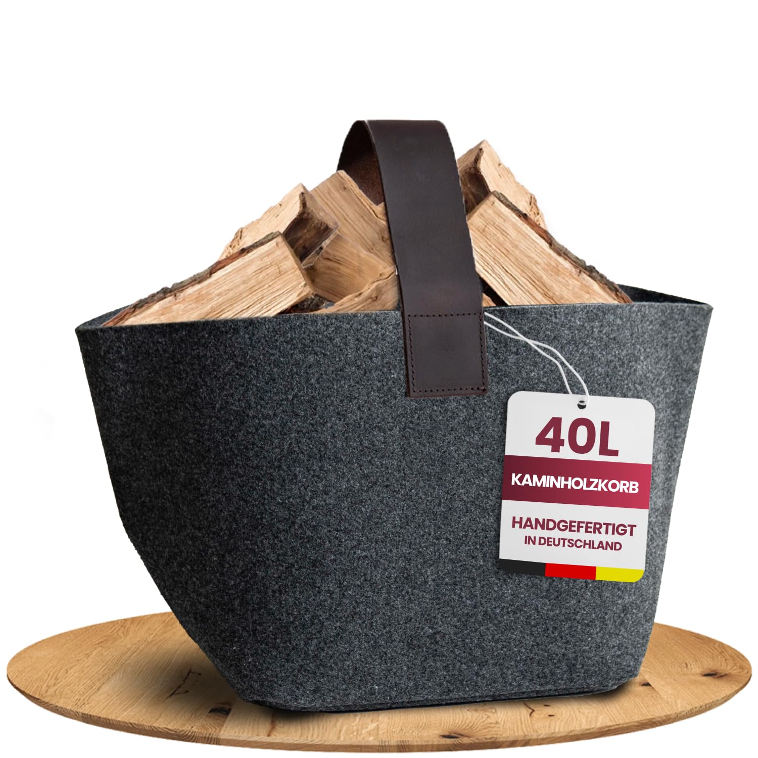 Cesta de fieltro para leña, 30 l, fabricada en Alemania, fieltro rPET con mango de piel auténtica, color antracita