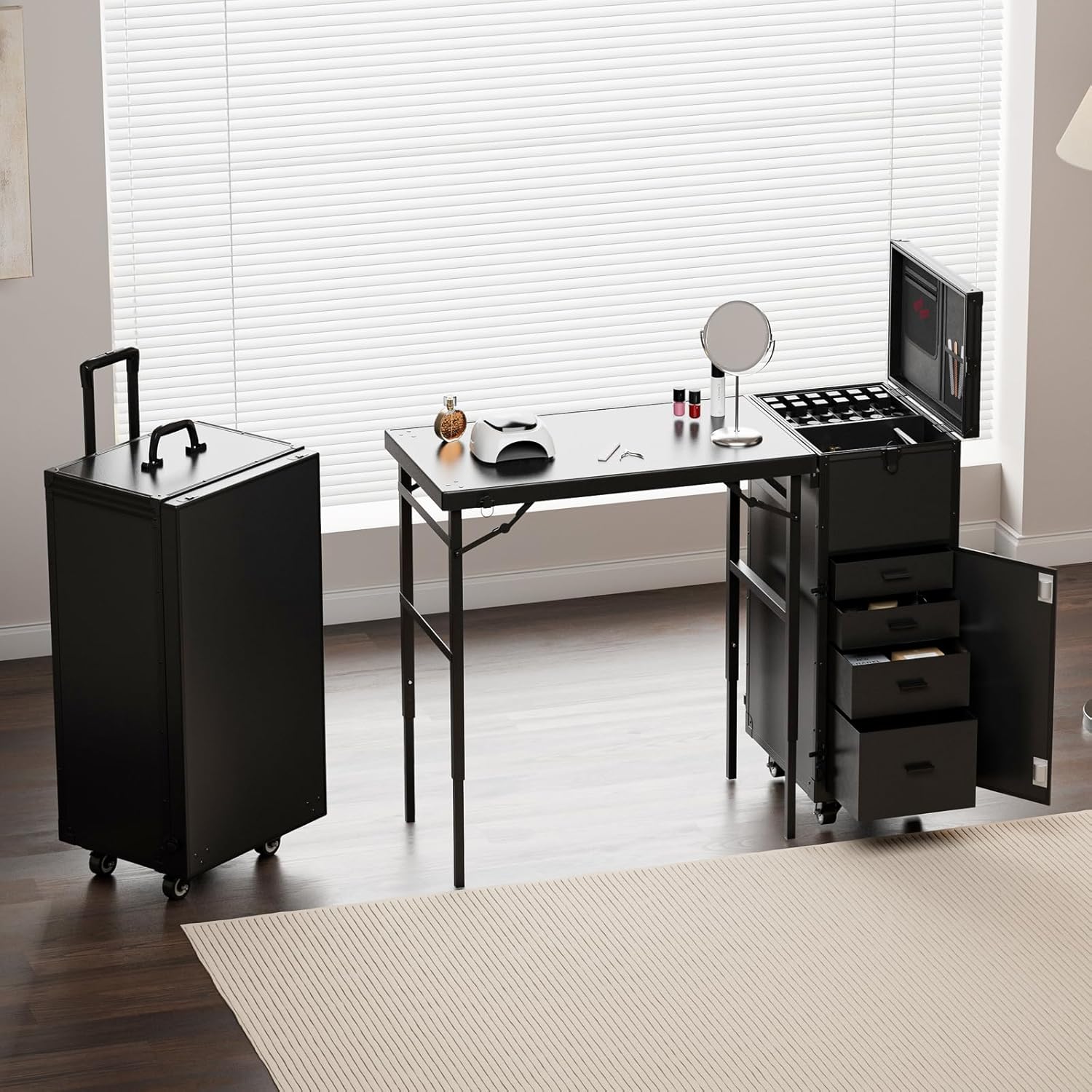 Icoget Rolling Manicure Table on Wheels, Portable Nail Desk, Foldable Nail Table w/Polish Tray and Storage, Traveling Nail Case w/Detachable Adjustable Height Workstation