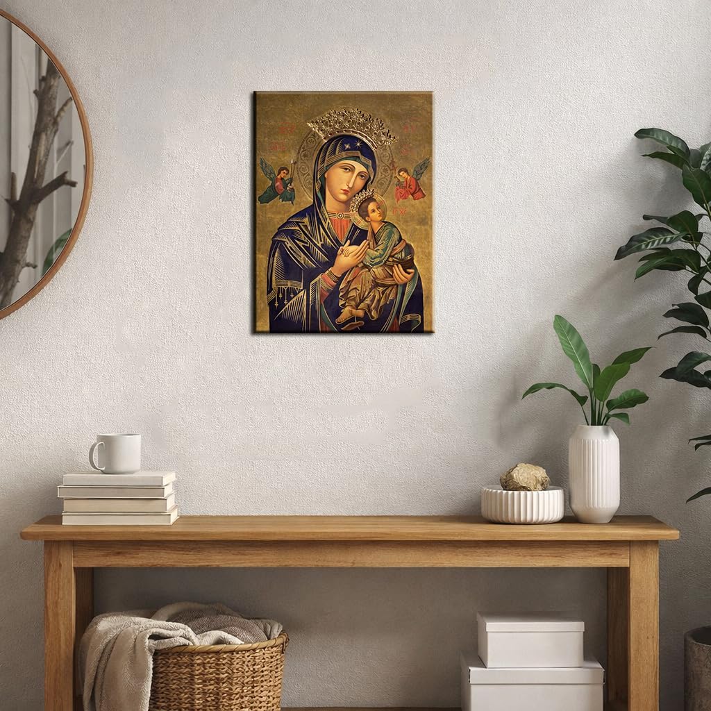 ARNLRDYA Our Lady of Perpetual Help Wall Decor Russian Orthodox Icon Picture Prayer Room Wall Art Virgin Mary Vintage Poster Canvas Print Frame for Home Decoration Ready to Hang(12''Wx16''H)