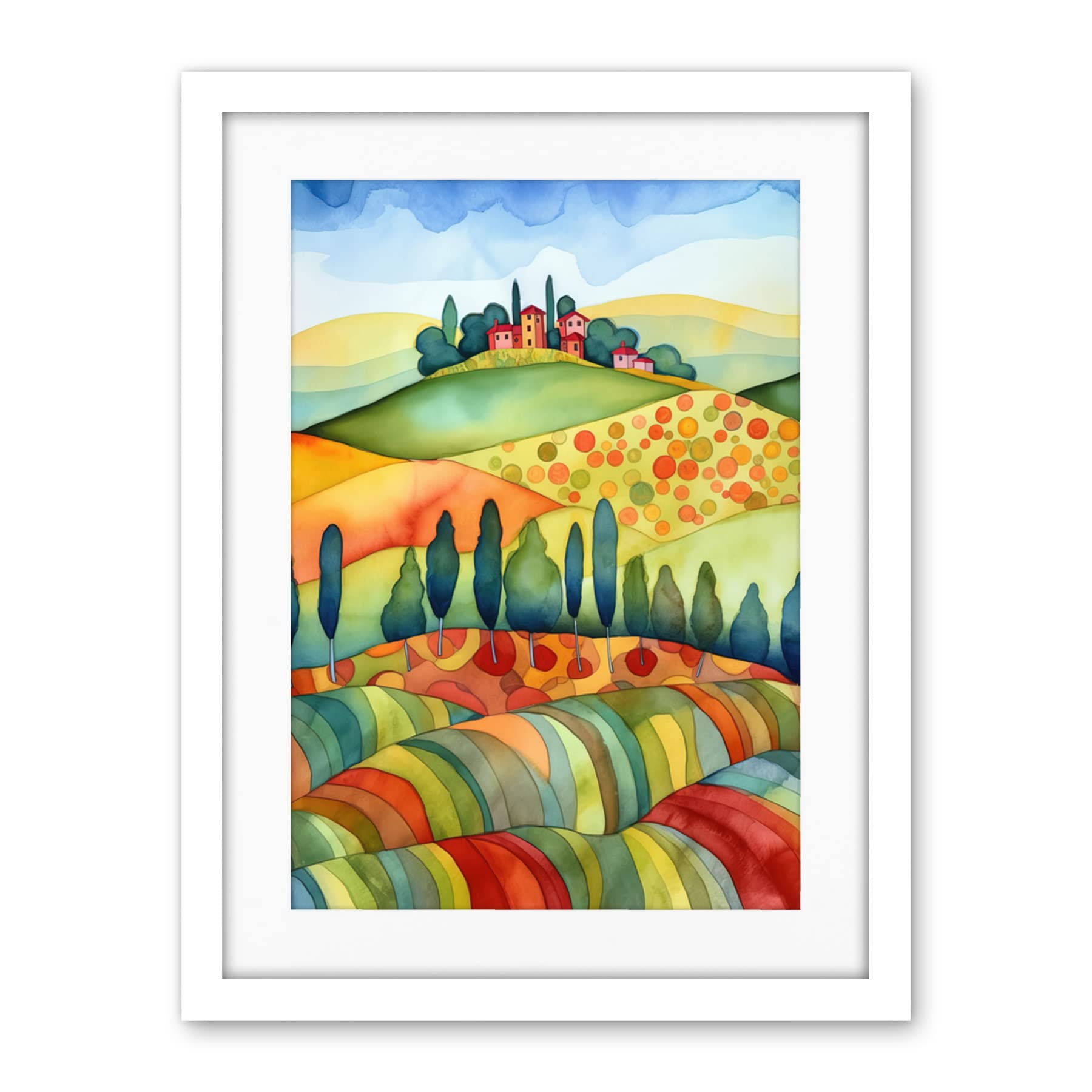 Artery8 Landscape Of Tuscany House On The Hill Folk Art Artwork Framed Wall Art Print 18X24 Inch