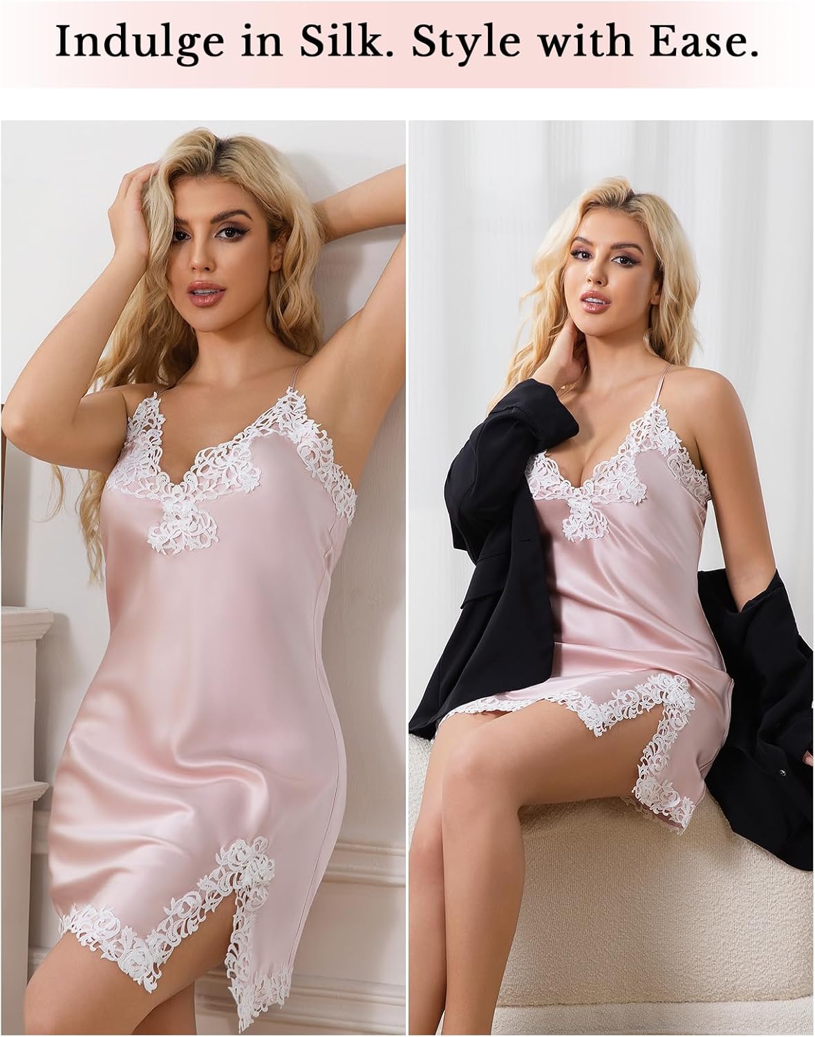 THXSILK Women 100% Mulberry Silk Nightgown, Lace Sexy Lingerie Short Nightwear, Sexy V Neck Negligee Lingerie Short Nightwear - Image 2