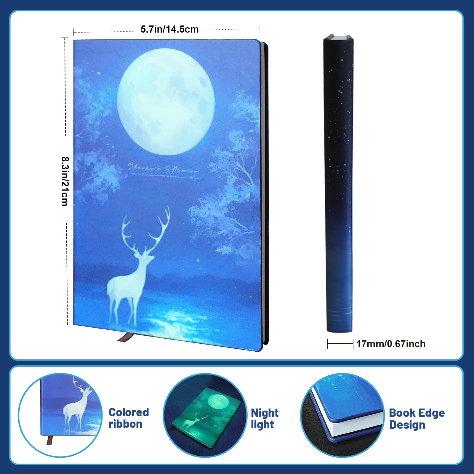 Taccuino con copertina rigida fosforescente, design mistico cielo notturno, 200 pagine, formato A5, 21,2 x 14,7 cm, righe orizzontali