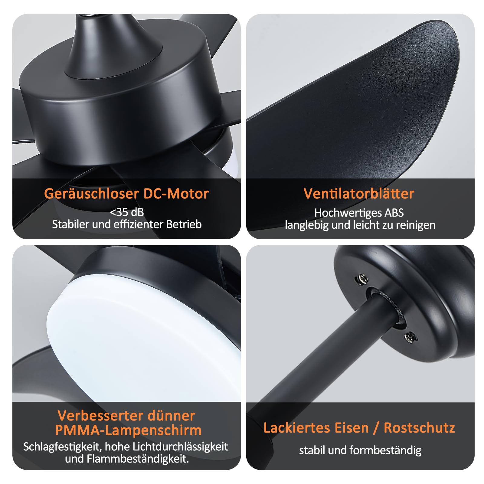 Smarter 76cm Deckenventilator Schwarz mit Beleuchtung & Fernbedienung, umkehrbarer Lauf, geräuschlos, 6 Stufen + Timer. Geeignet für Schlafzimmer, Wohnzimmer, Küche, Innenräume und Terrassen.