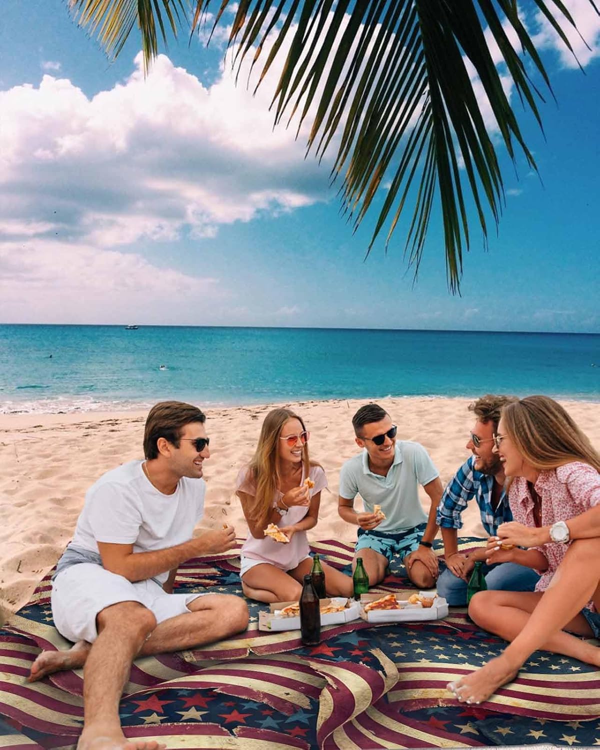 Independence Day American Red White Stripe Beach Blanket Waterproof Outdoor Picnic Mat 95"x80" Stars on Blue Lightweight Large Beaach Blankets with 4 Stake & 4 Corner Pockets