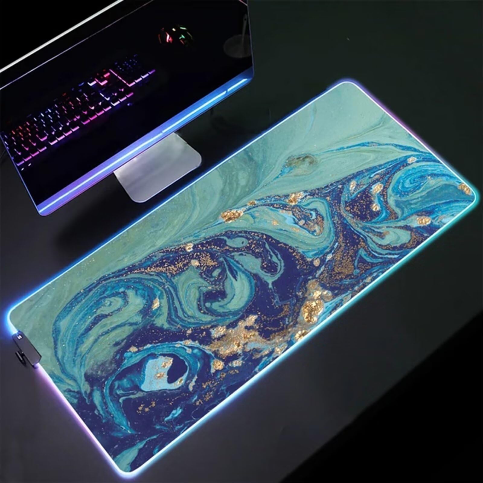 Tappetino per Mouse RGB XXL Grande Tappetino per Mouse da Gioco LED Liquido Verde 900x400x4mm con 14 Modalità di Illuminazione e Base in Gomma Antiscivolo per Giochi Lavoro e Studio