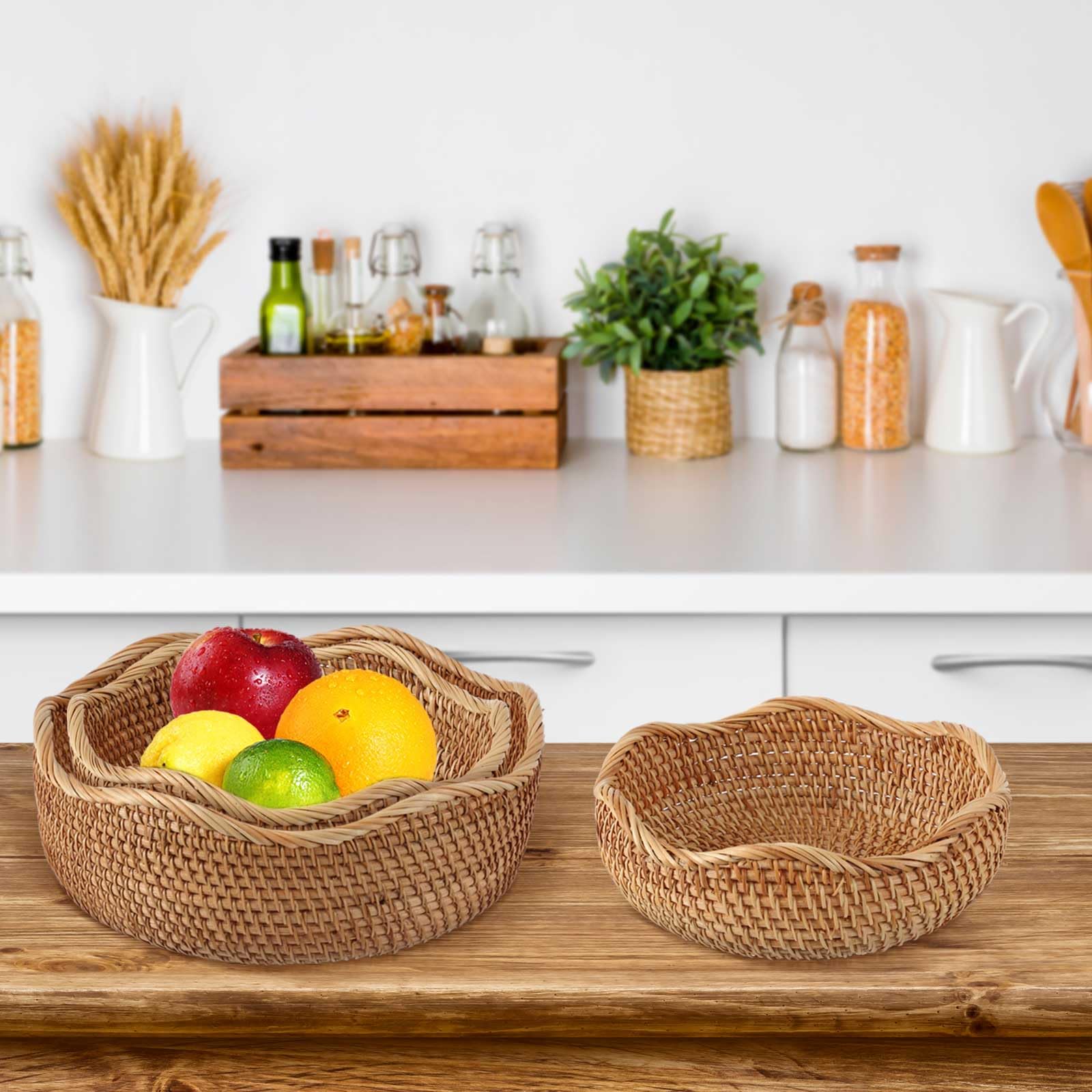 Layhit 5 Pcs Round Rattan Basket Bread Baskets for Serving Natural Wicker Bowl Basket Woven Fruit Storage Baskets for Home Countertop Kitchen Party Organizing, 5 Sizes - Image 6