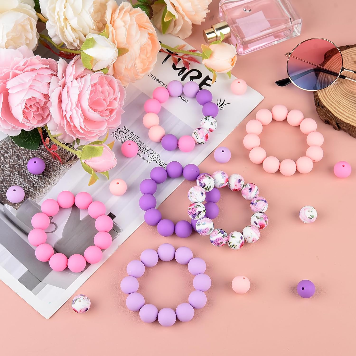 ASTARON 100 Pcs 15mm Silicone Beads for Keychain Making, Purple Pink Silicone Beads Round Bulk for Bracelets Pens Crafts Supplies - Image 6