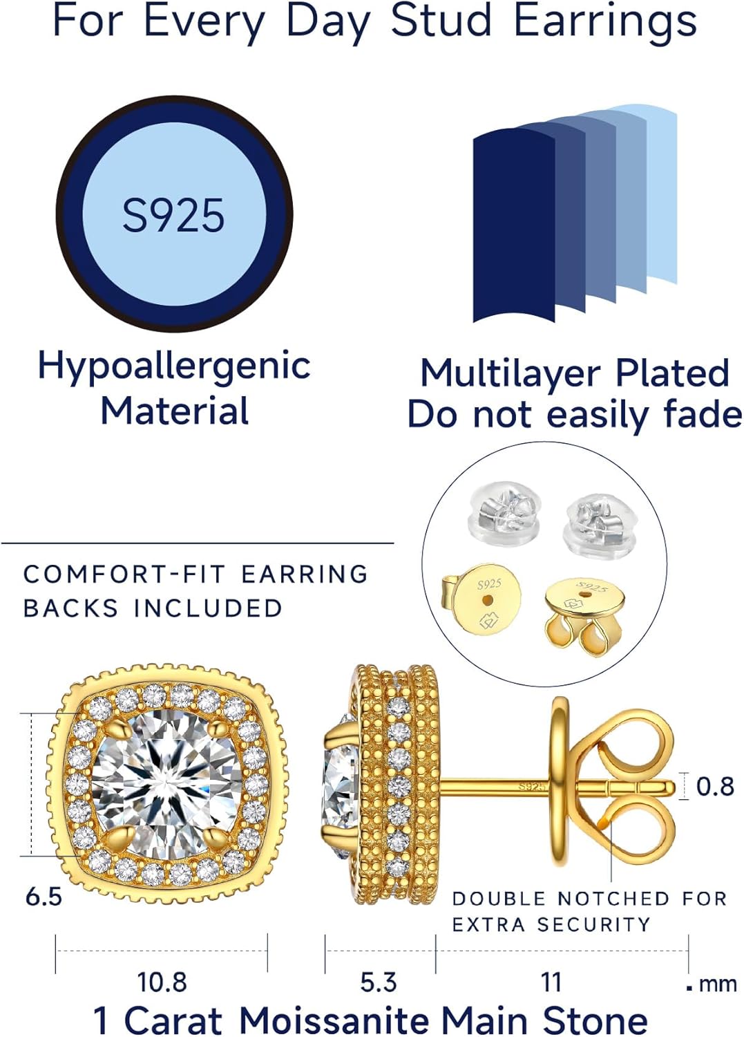 MomentWish 14K Gold Plated Stud Earrings, Birthday Gifts for Women, 1-2 Carat Moissanite Earrings, Lab Created Diamond Earring, Yellow/Rose Gold Plated 925 Sterling Silver Earring Jewelry Women Men