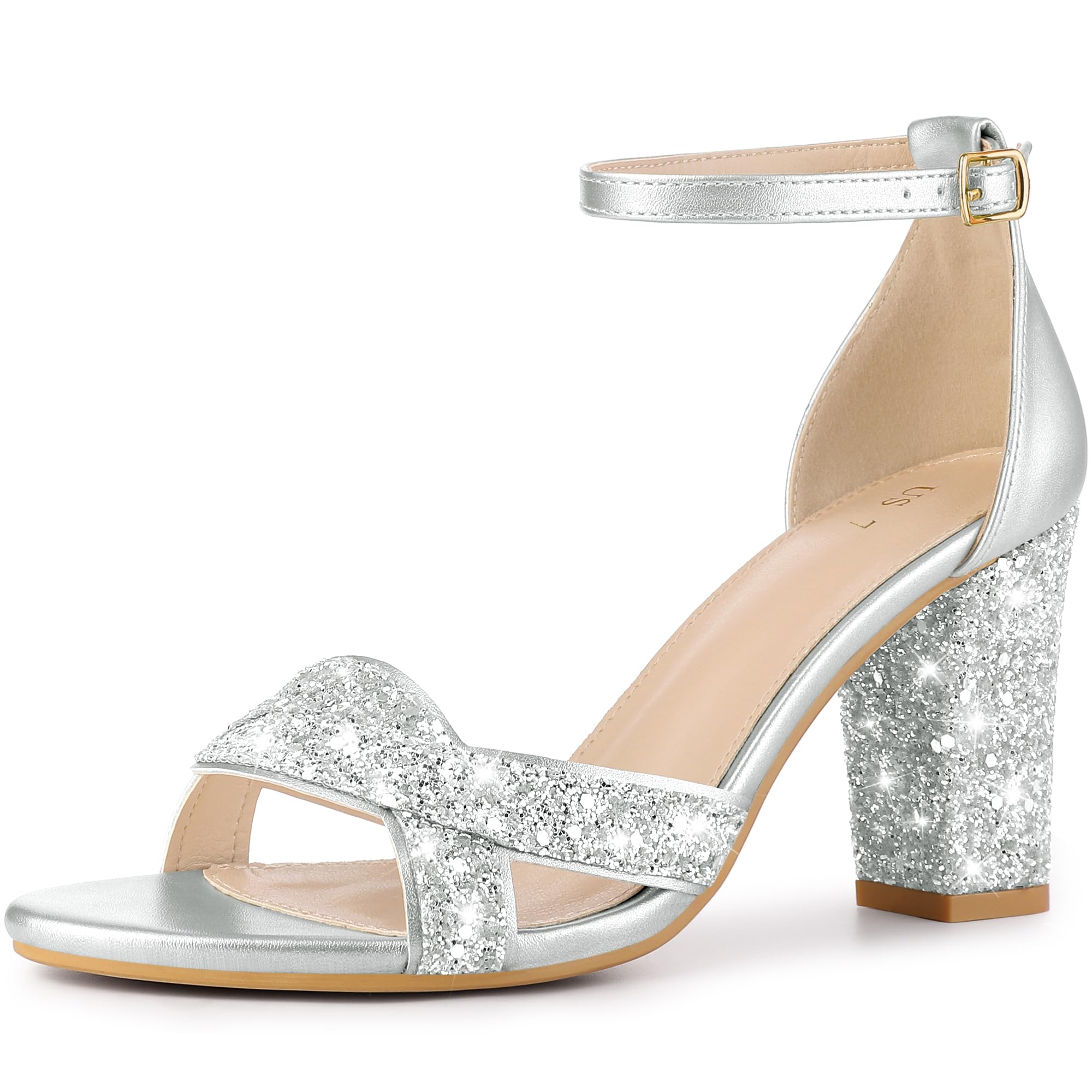 Allegra K Women's Glitter Ankle Strap High Chunky Heel Sandals