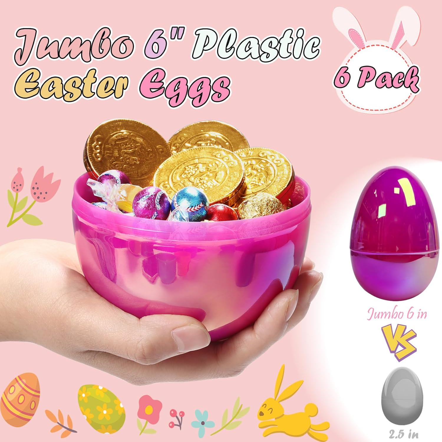 6 Inch Jumbo Easter Eggs - 6 Pack Large Plastic Easter Eggs Fillable for Kids Giant Empty Eggs for Easter Egg Hunt Basket Stuffers Fillers Filling Treats Party Favors Classroom Prize Supplies (Bright)