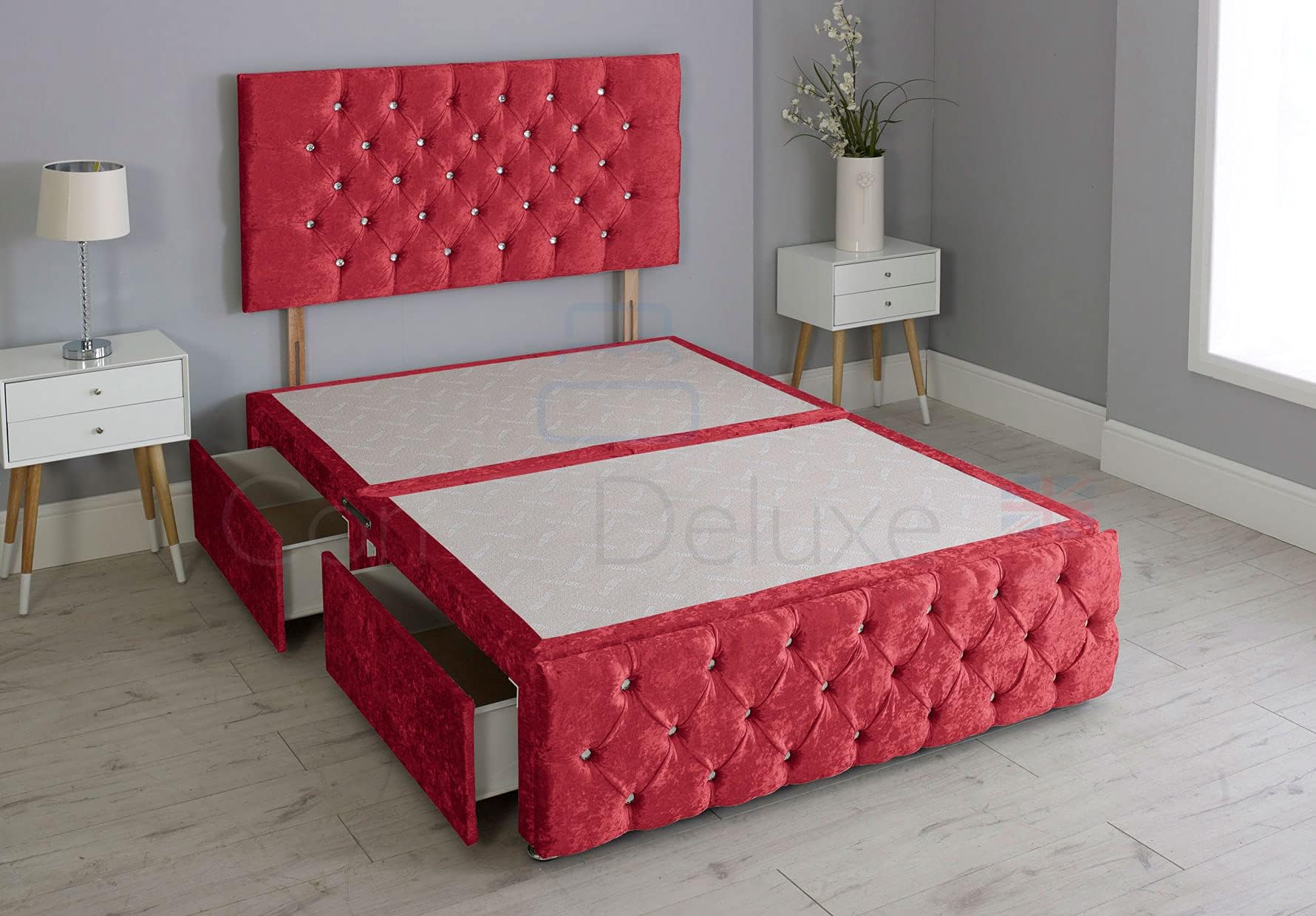 Comfy Deluxe LTD 4FT Small Double Bed base with 26-Inch Matching Chesterfield Headboard & Footboard - Red plush Velvet Divan Bed Frame with No Mattress Included & 2 Drawers Footend - UK Made